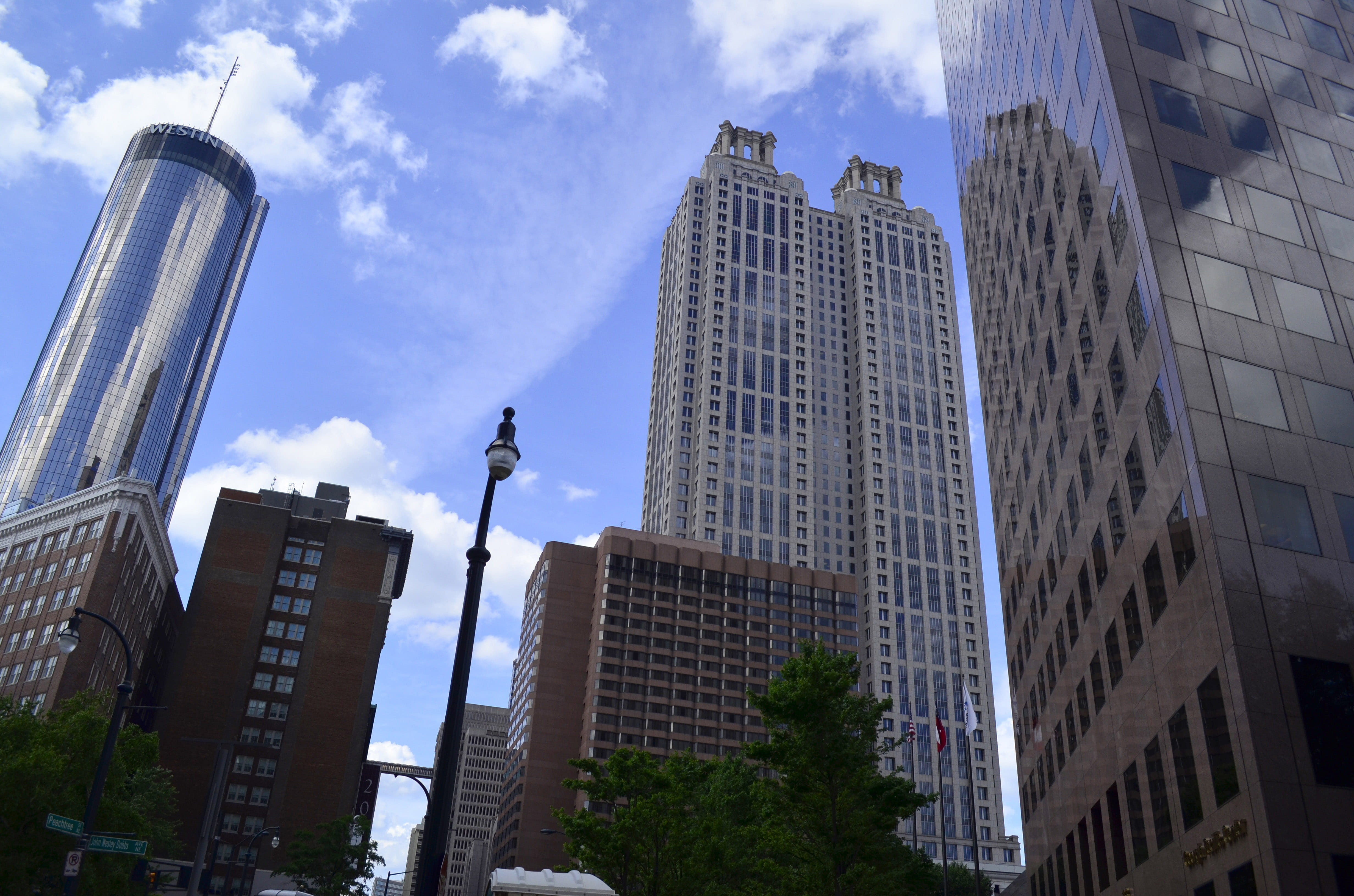office building exterior, no People, tree, street light, office Building, city, day, modern, financial district, tall - high, towers, city Life, cloud - sky, HD Wallpaper