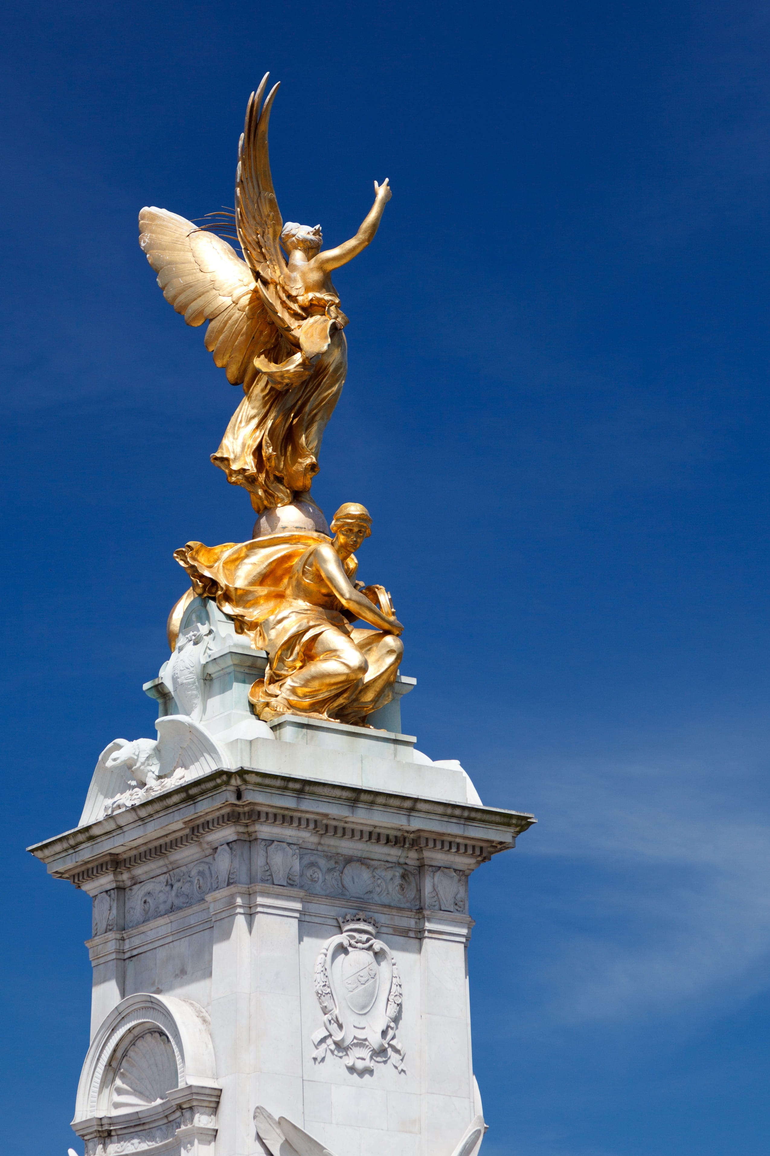 Architecture, blue, symbol, monument, gold colored, england, human representation, gold, day, sky, representation, art, travel destinations, queen, Angel, Phone HD Wallpaper