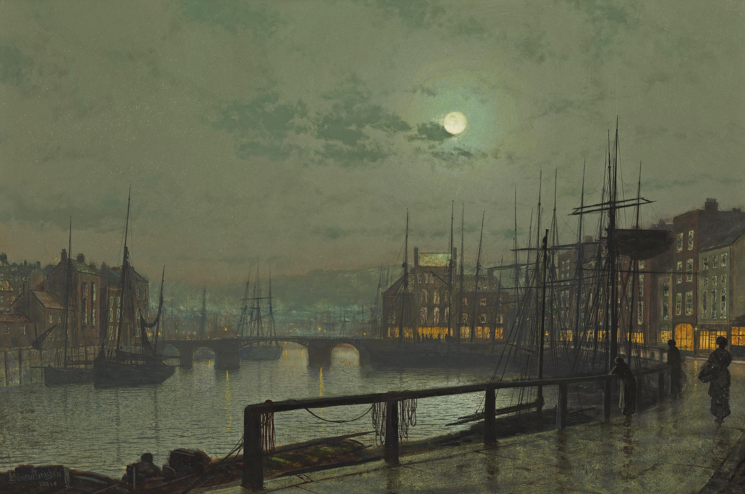 picture, home, bridge, river, promenade, John Atkinson, the moon, 1080P, ship, clouds, Whitby, boat, people, the sky, HD Wallpaper