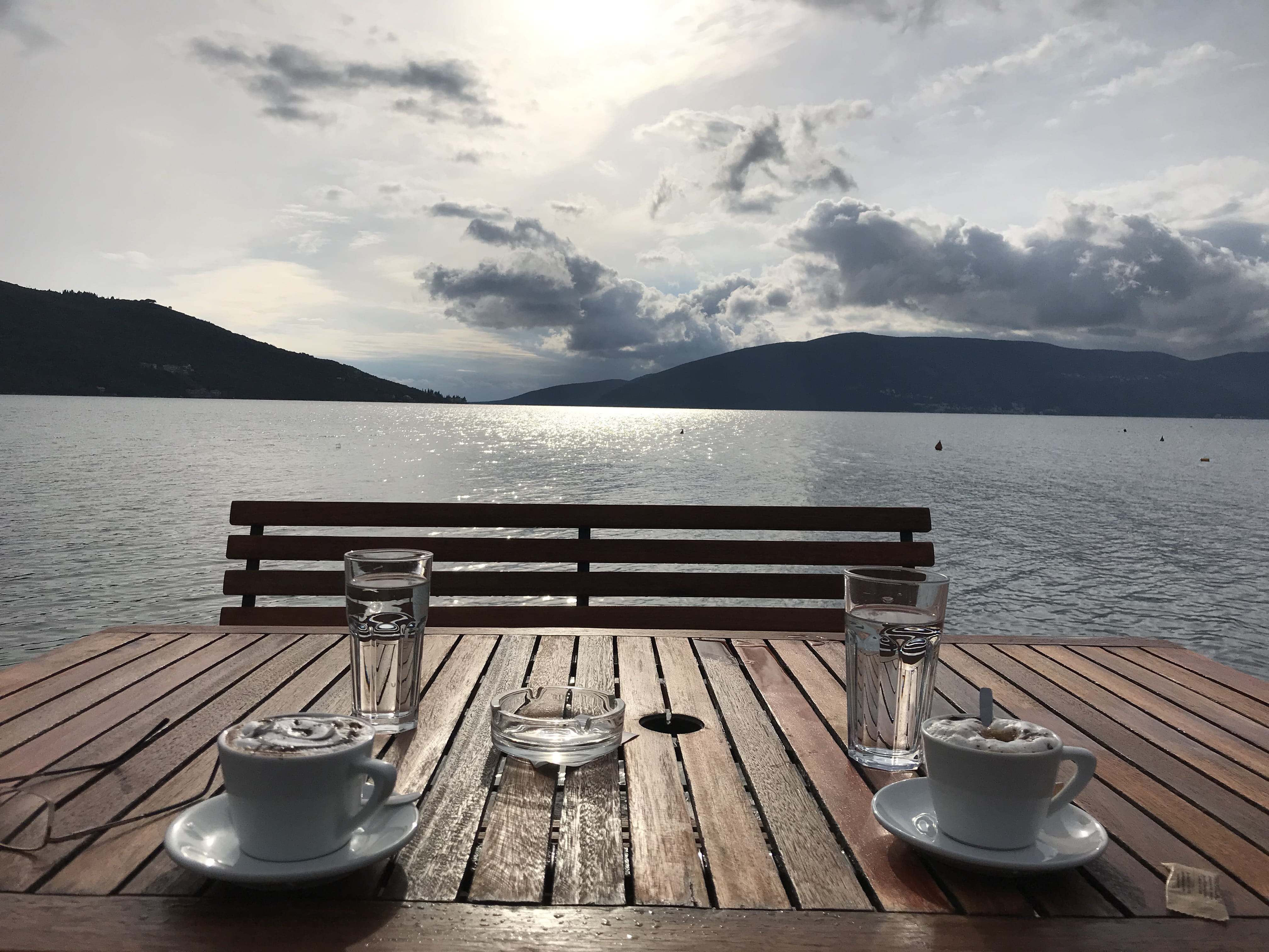 mountain, cafe, mug, porch, pier, food and drink, water, beverage, bench, wood, hot drink, drink, cup, hardwood, cloud - sky, saucer, day, seat, latte, HD Wallpaper