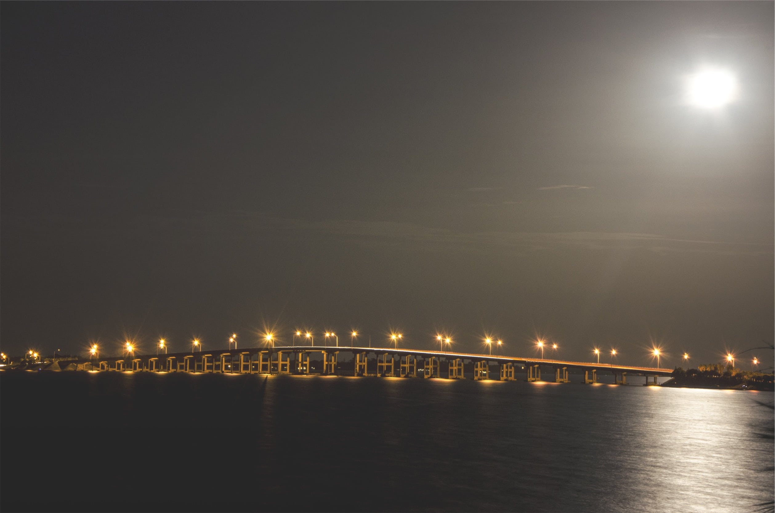 bridge - man made structure, bridge, architecture, 1080P, water, transportation, night, metal, no people, gray, lighting equipment, photography, sky, waterfront, HD Wallpaper