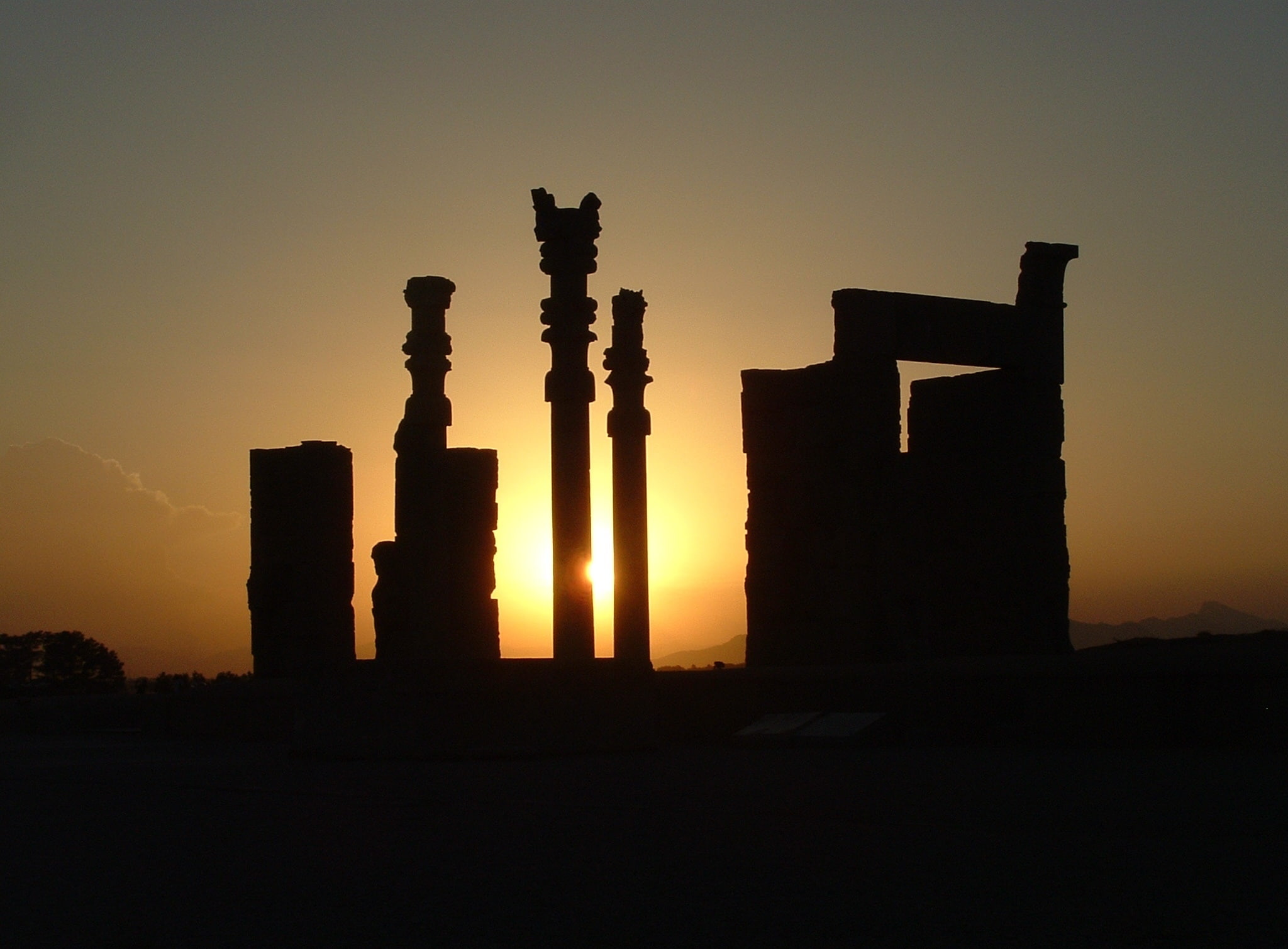 Travel, nature, sky, Sunset, Asia, belief, building exterior, Silhouette, clear sky, sun, Iran, 1080P, architectural column, the past, history, ancient, HD Wallpaper