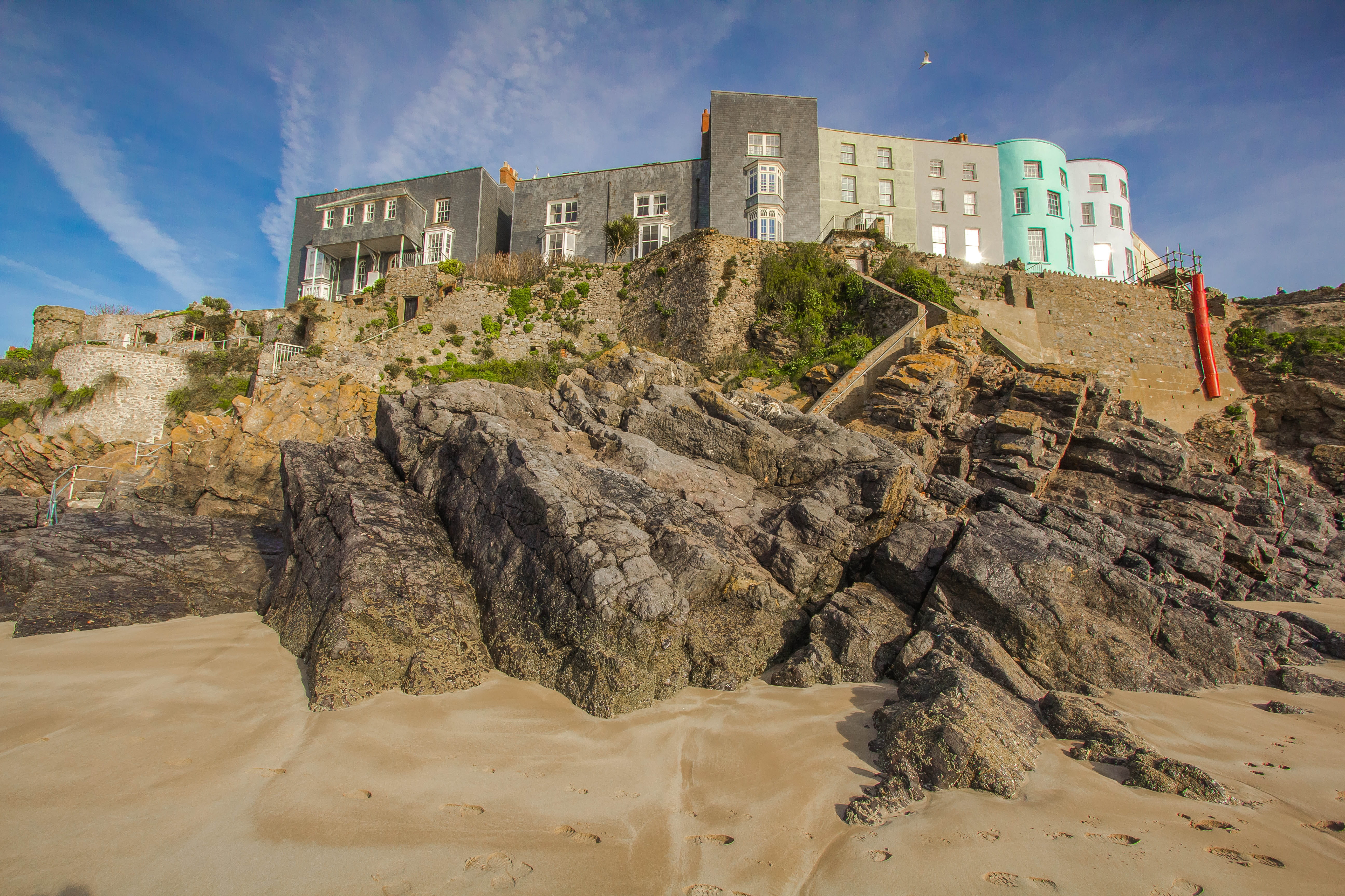 landscape, coast, travel destinations, sky, built structure, cloud - sky, near, rock - object, stone, reef, tenby, Wales, day, gray, rock formation, the past, HD Wallpaper