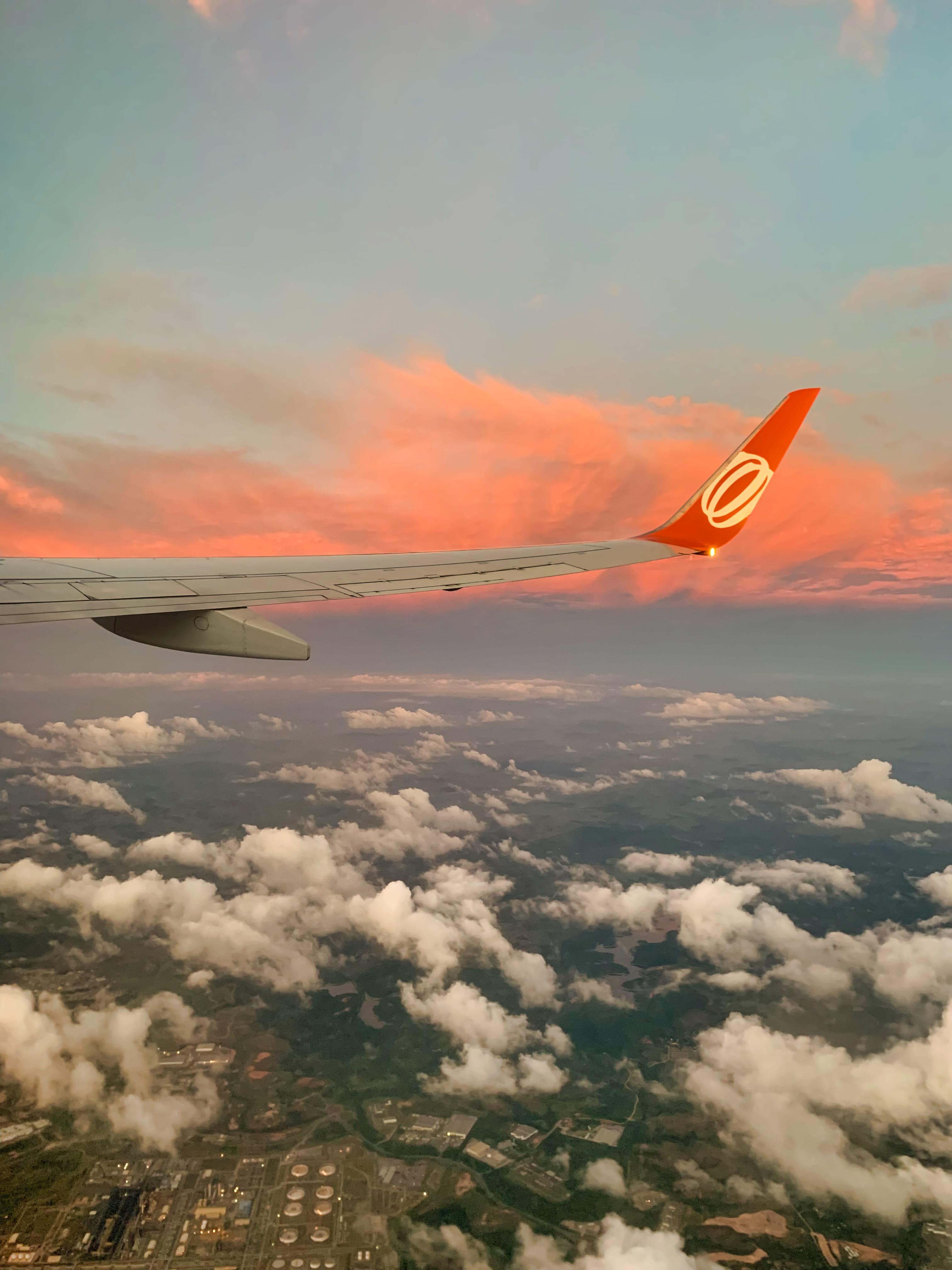 clouds, cloudscape, motion, orange, aerial view, idyllic, tranquil scene, brazil, sky, aircraft wing, pink, cloud, mode of transportation, scenics - nature, Phone HD Wallpaper