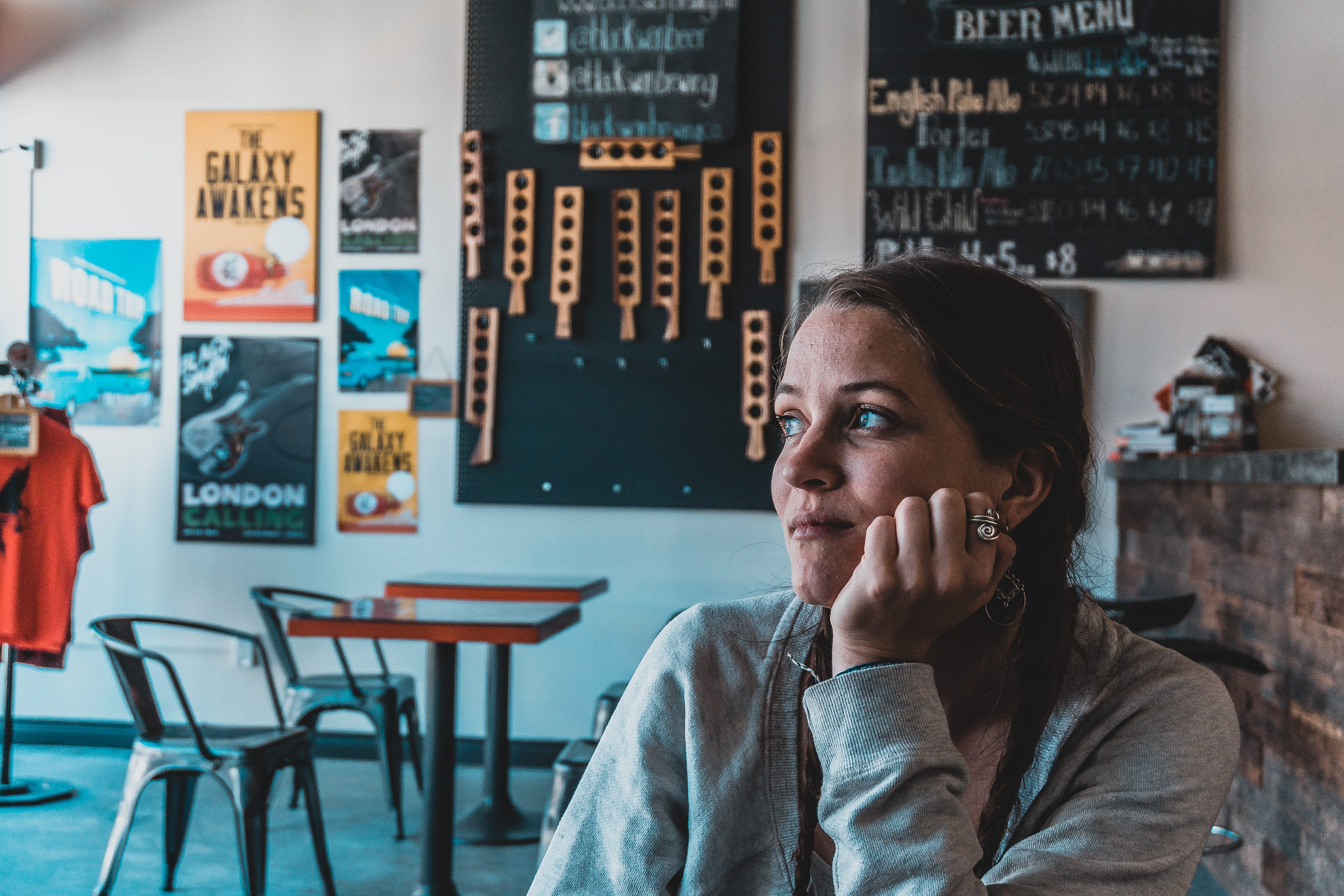 one person, cafe, restaurant, hairstyle, contemplation, communication, front view, dom, blue, women, casual clothing, adult, music, wanderlust, portrait, HD Wallpaper