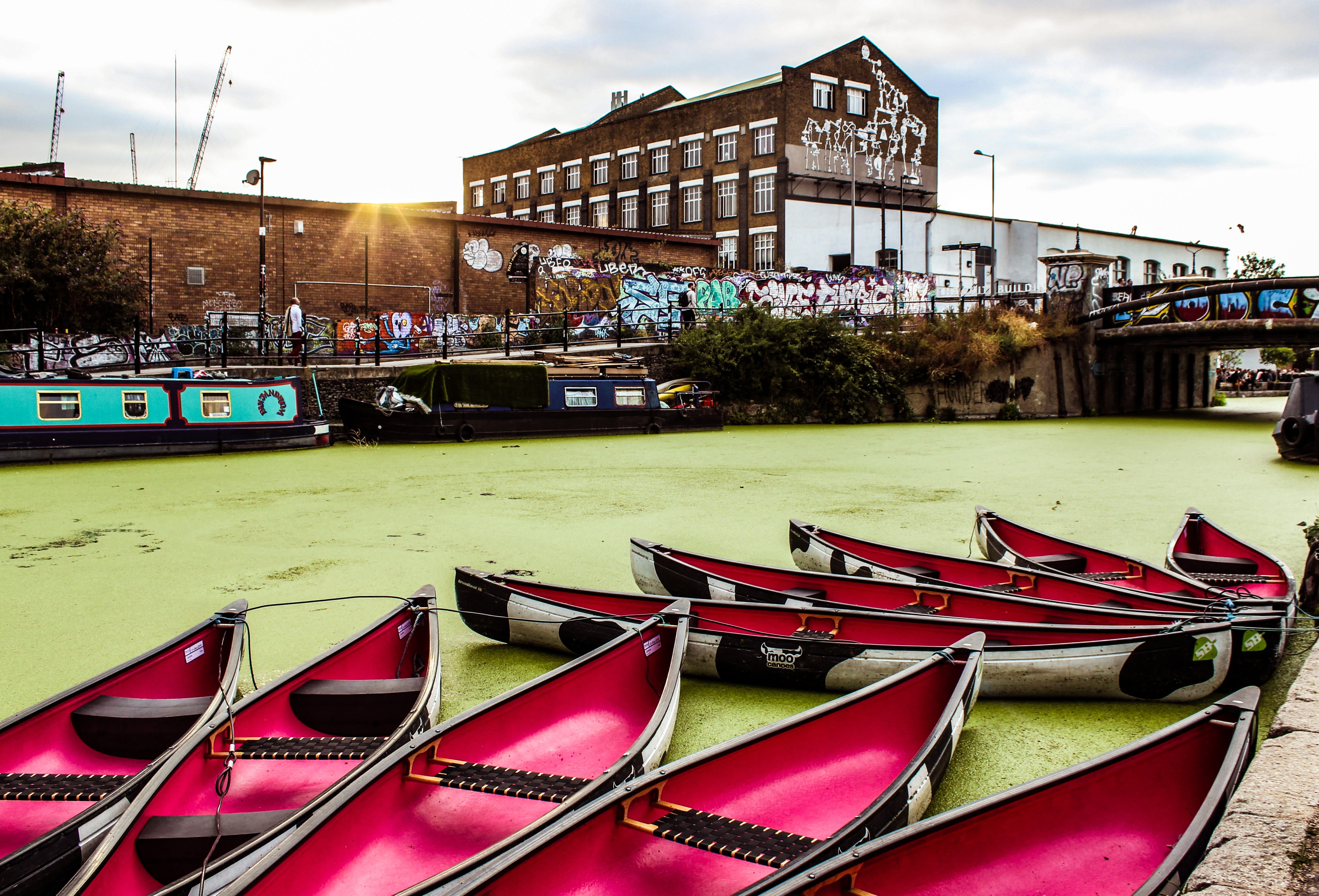 travel, moored, boat, incidental people, transportation, street photography, uk, colours, architecture, sunset, 4K, mood, stratford, canal, england, wonderer, HD Wallpaper