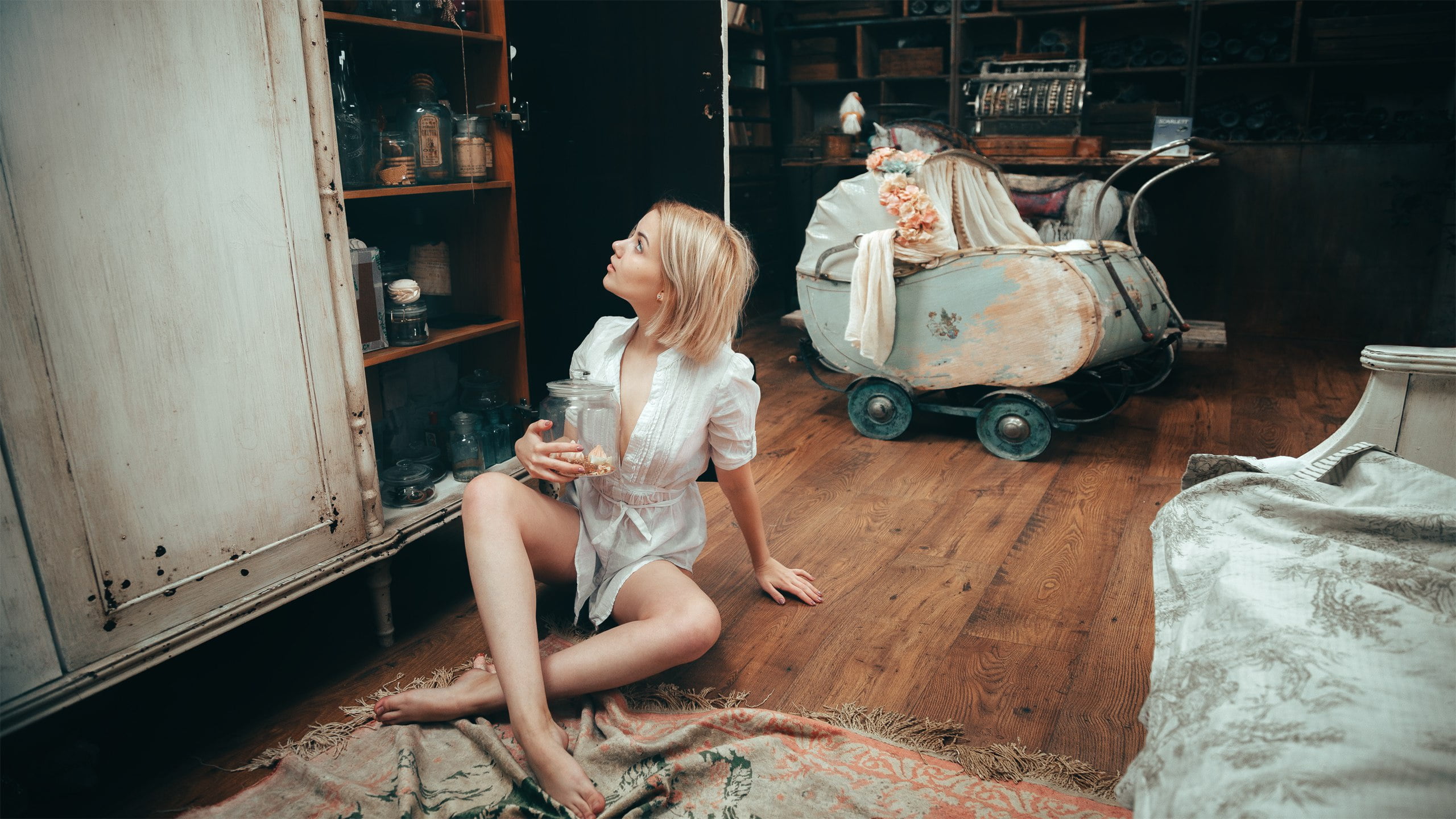 Andrey Vasilyev, stroller, Victoria Sokolova, on the floor, Bank, girl, 2K, HD Wallpaper