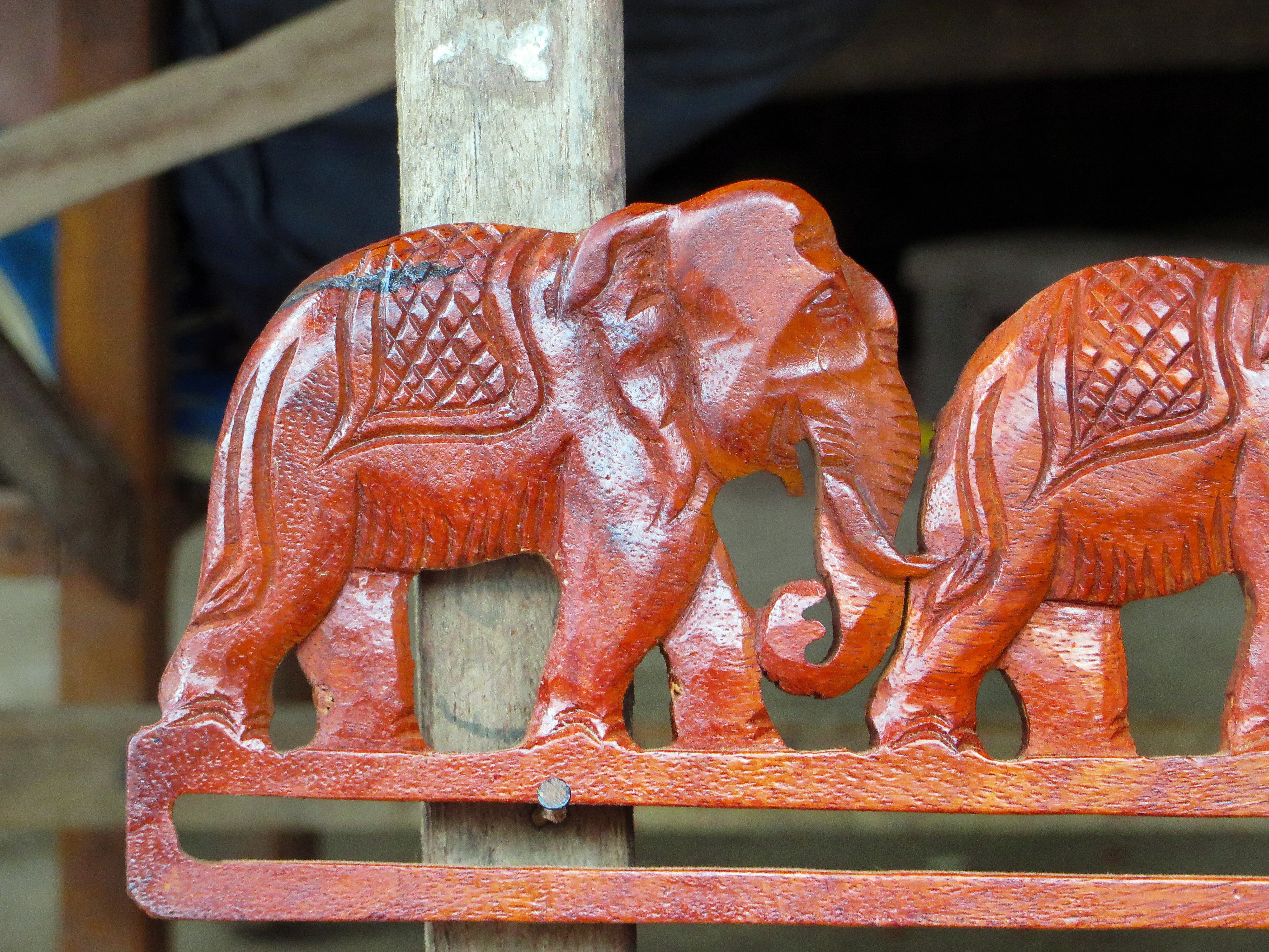 animal, hanging, elephant, red, outdoors, animal representation, focus on foreground, no people, close-up, 4K, wood - material, art and craft, representation, HD Wallpaper