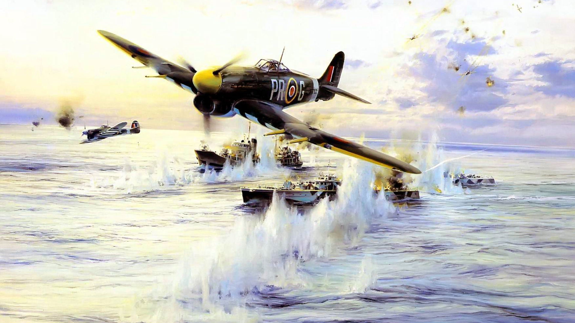 fighter-bomber, art, Taylor, the fire, sea, torpedo boats, Royal air force, attack, Hawker Typhoon, 1080P, plaque, ships, Robert, the explosion, figure, HD Wallpaper