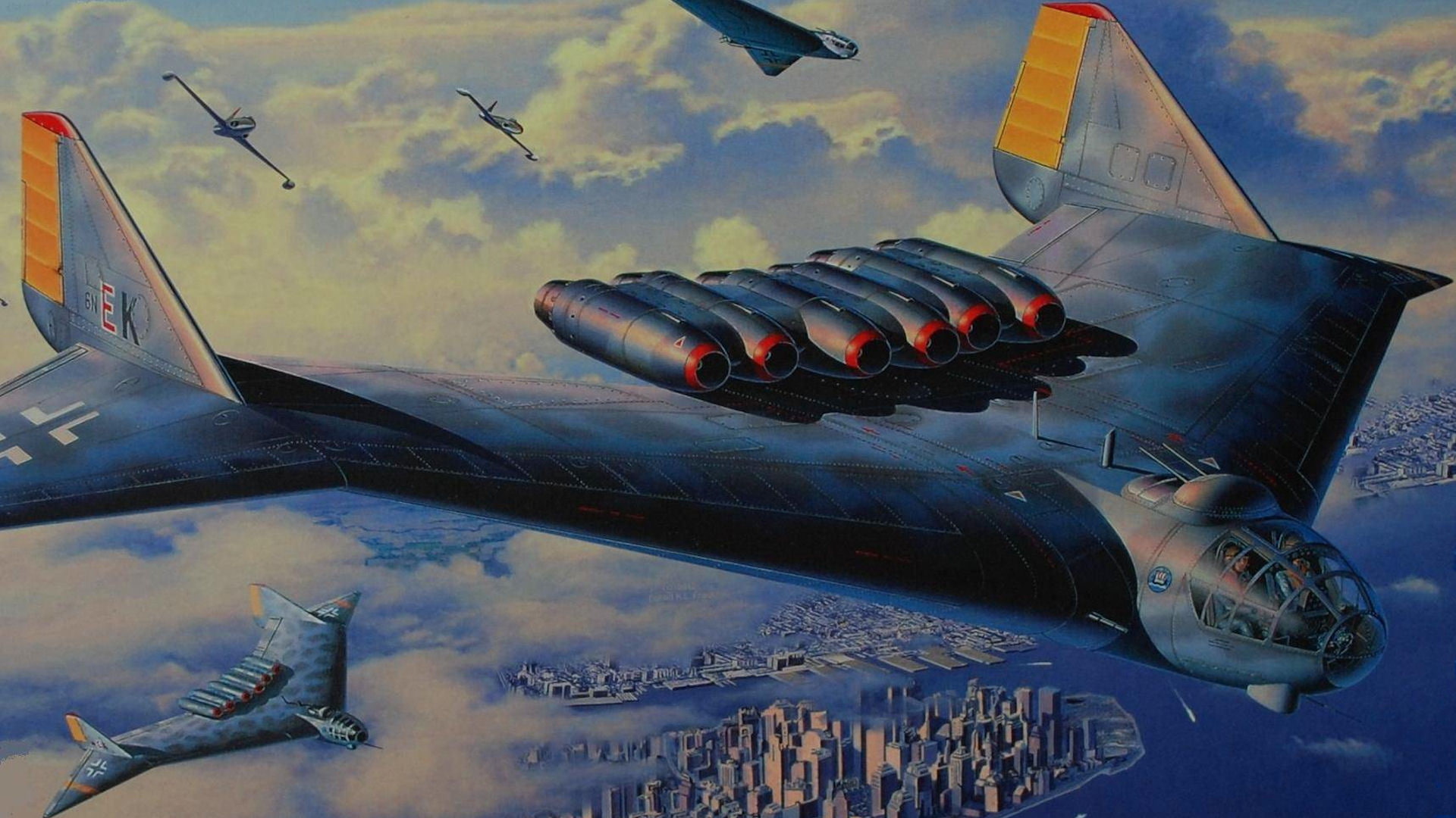 1080P, the side, support, the Germans, Arado, plaque, E.555, prototype, fiction, the city, new York, Air force, HD Wallpaper