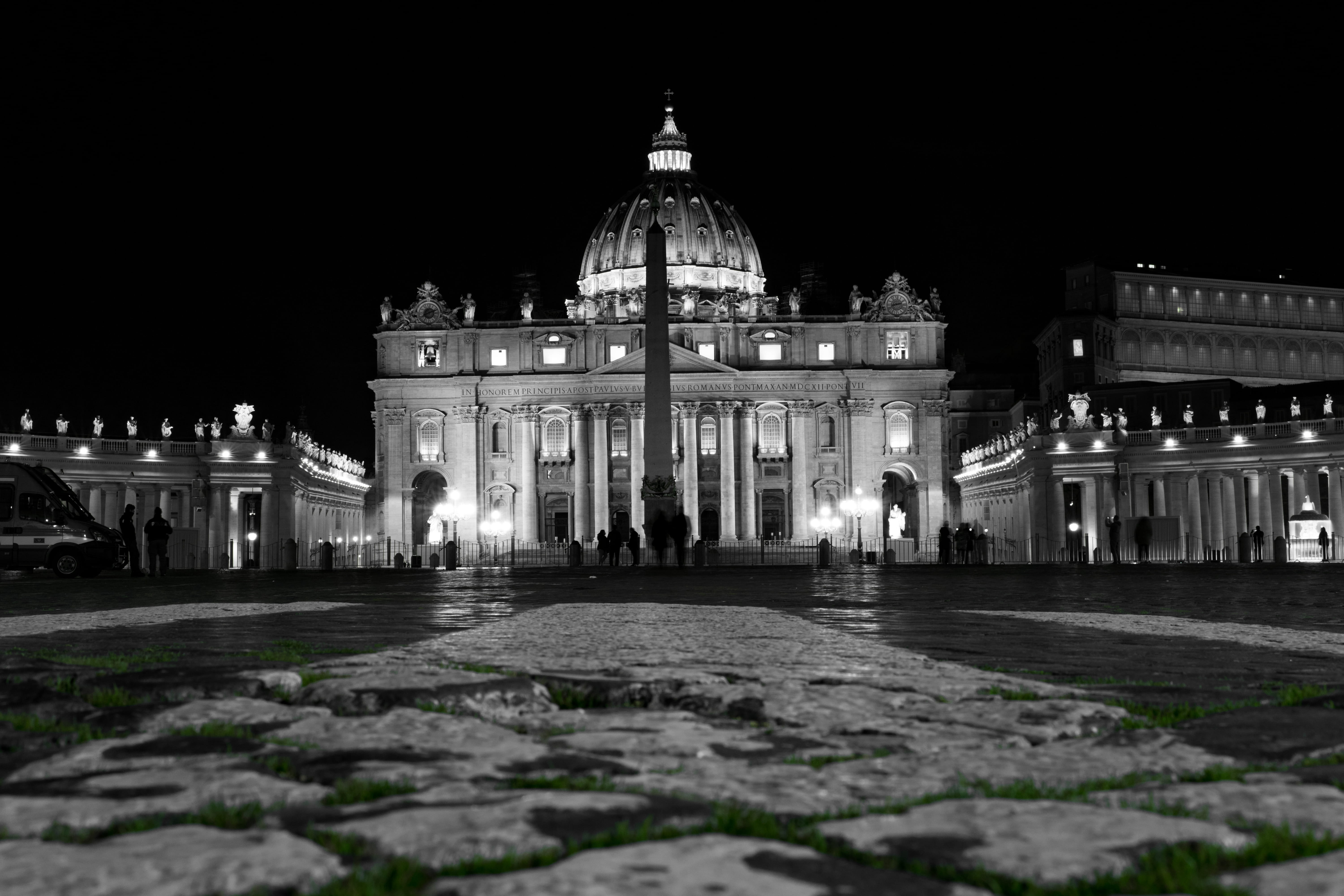 vatican, cobblestone, basilica, grass, travel, dome, night, st peters basilica, travel destinations, illuminated, saint peter, outdoors, fountain, vatican city, HD Wallpaper