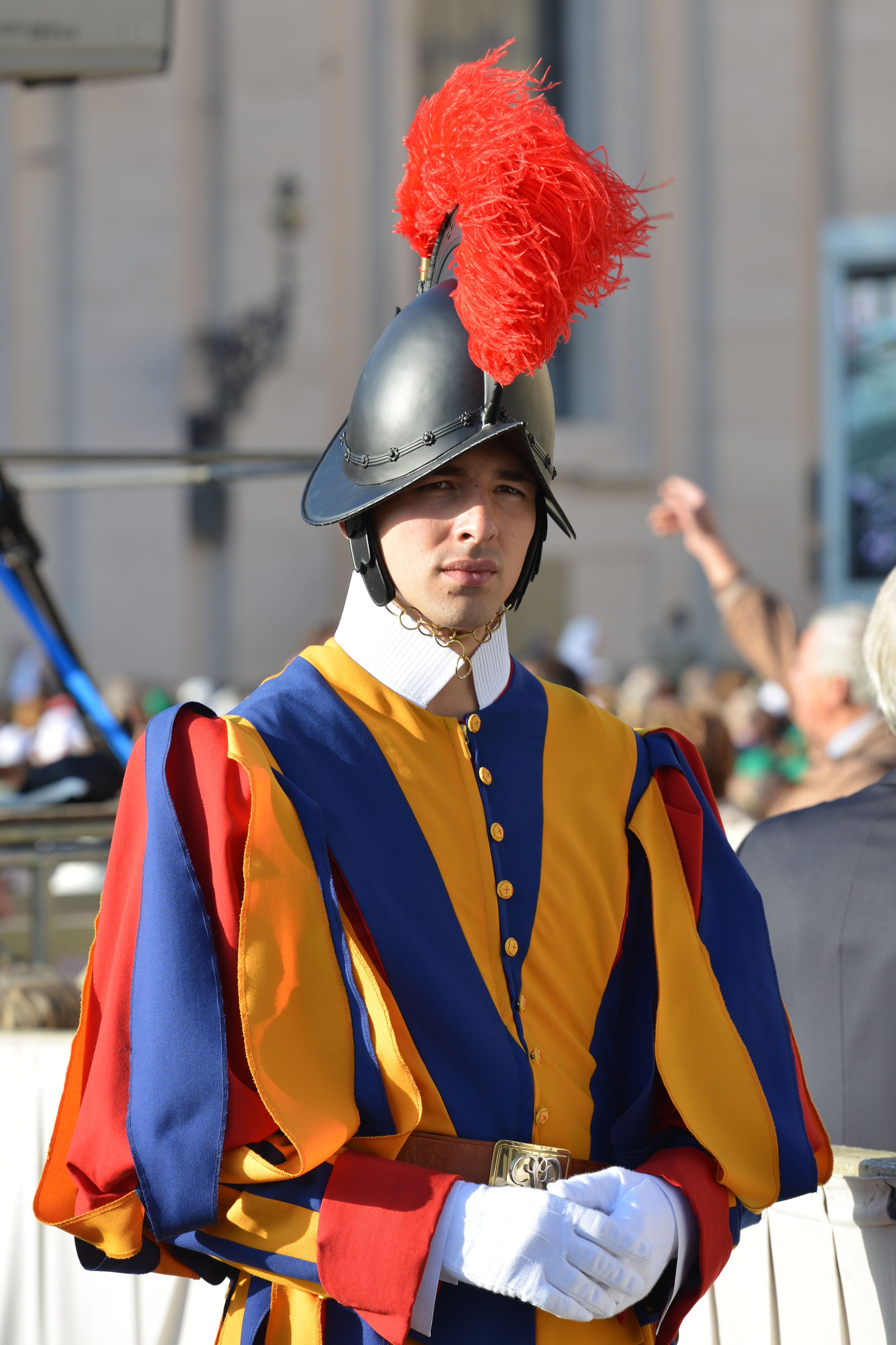occupation, st peters square, st peters basilica, focus on foreground, young men, standing, men, clothing, 2K, young adult, swiss guard, italy, waist up, Phone HD Wallpaper