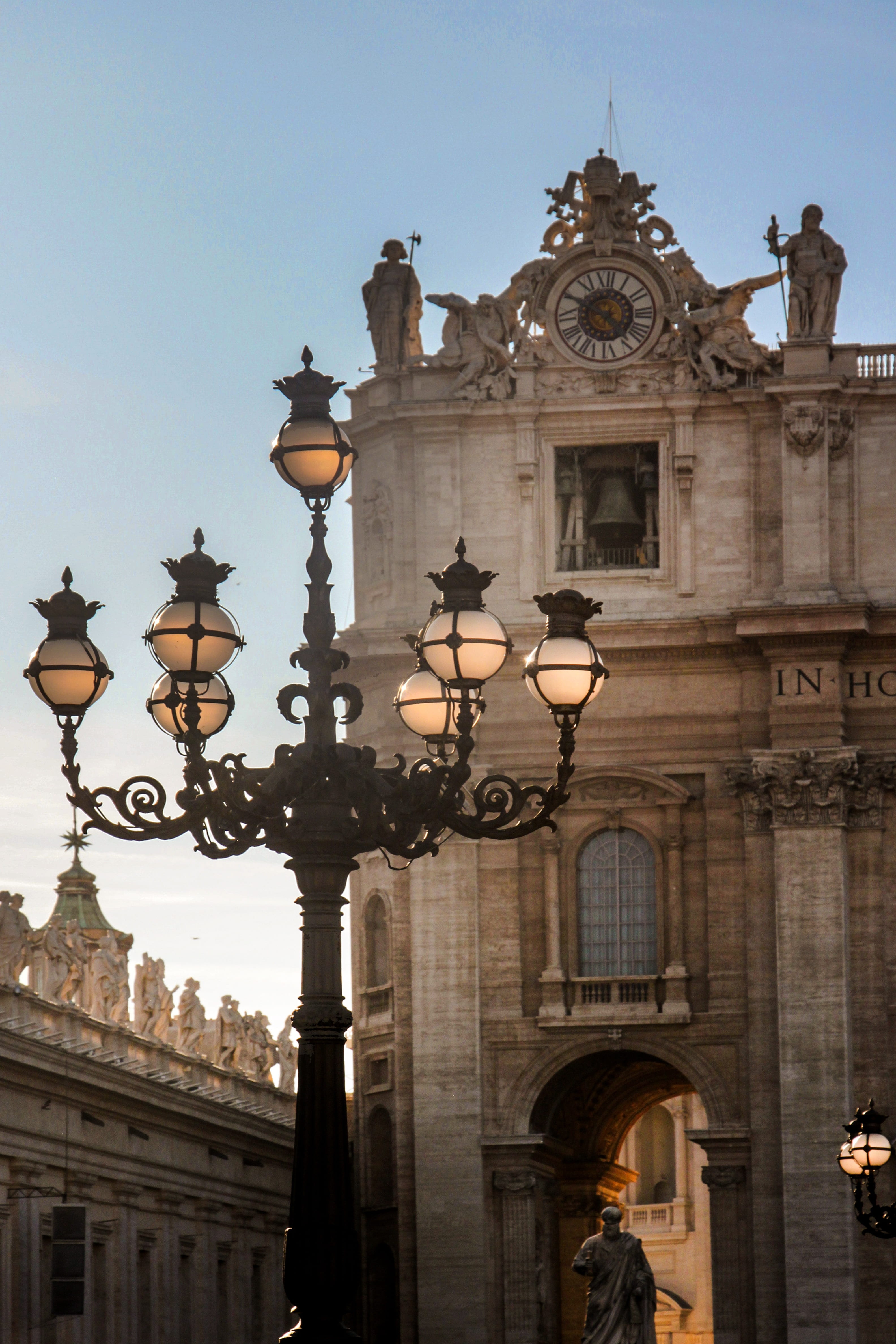 day, st peters basilica, sky, outdoors, rome, travel, electric lamp, built structure, nature, st peters square, clear sky, ornate, clock, lighting equipment, Phone HD Wallpaper