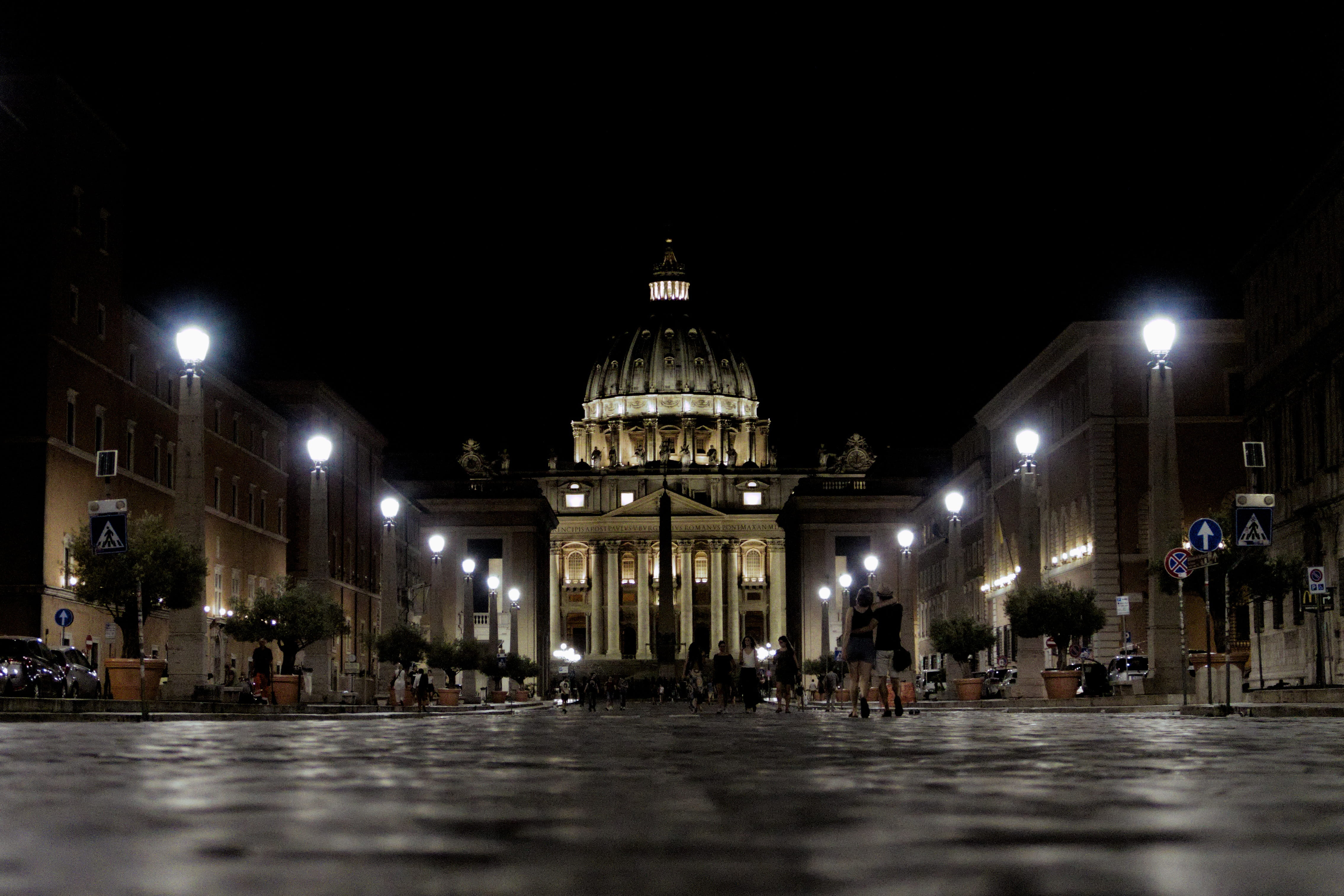 pope, travel, space, lights, church, night, street, surface level, tourism, 4K, building exterior, history, catholic, city life, rome, sky, incidental people, HD Wallpaper