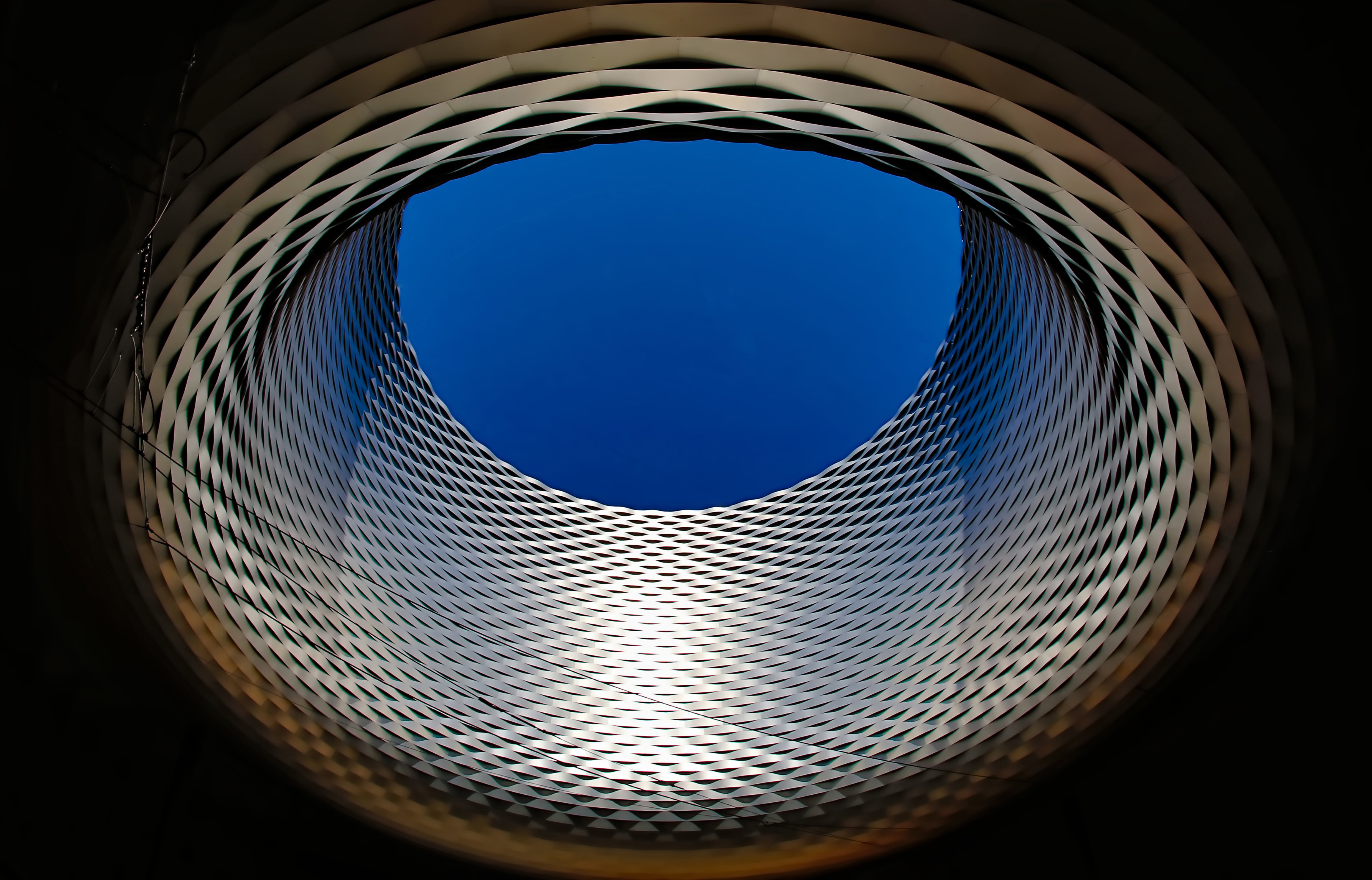 low angle view, s, directly below, architecture, circle, pattern, no people, sky, 4K, nature, hole, white, worm, blue, day, sunny, view, indoors, building, HD Wallpaper