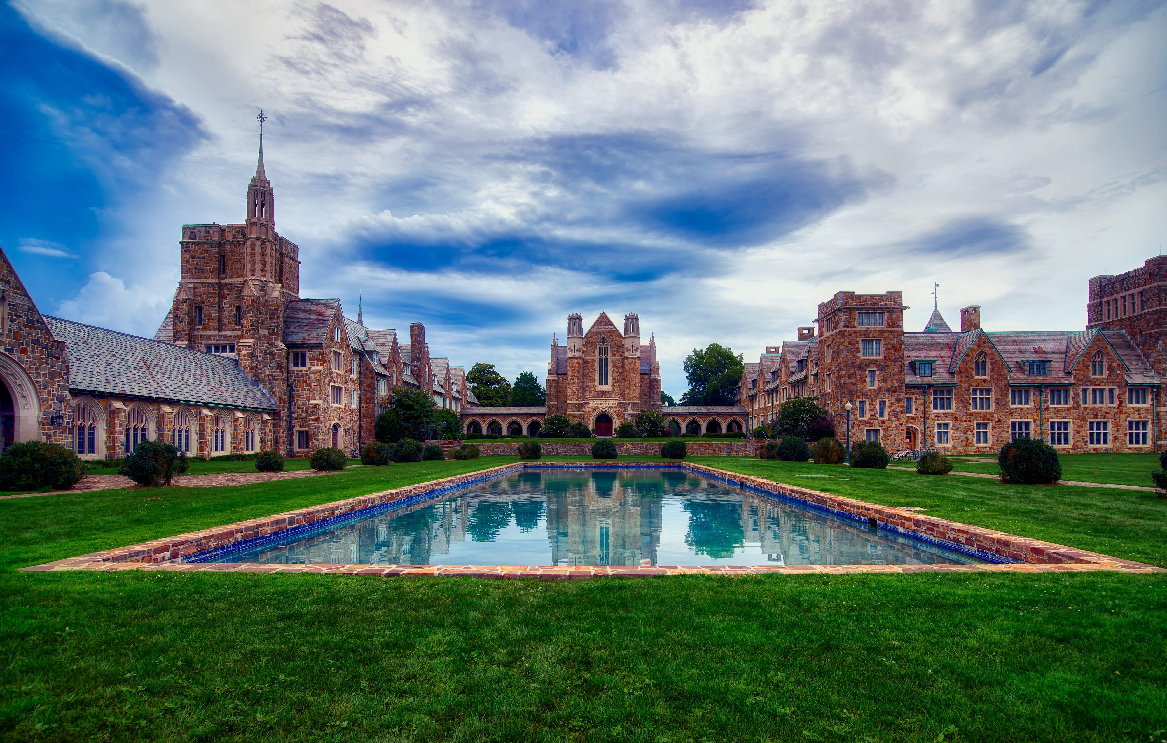 nature, north carolina, america, building, architecture, sky, pond, cloud - sky, education, travel destinations, historic, history, school, hdr, outdoors, HD Wallpaper