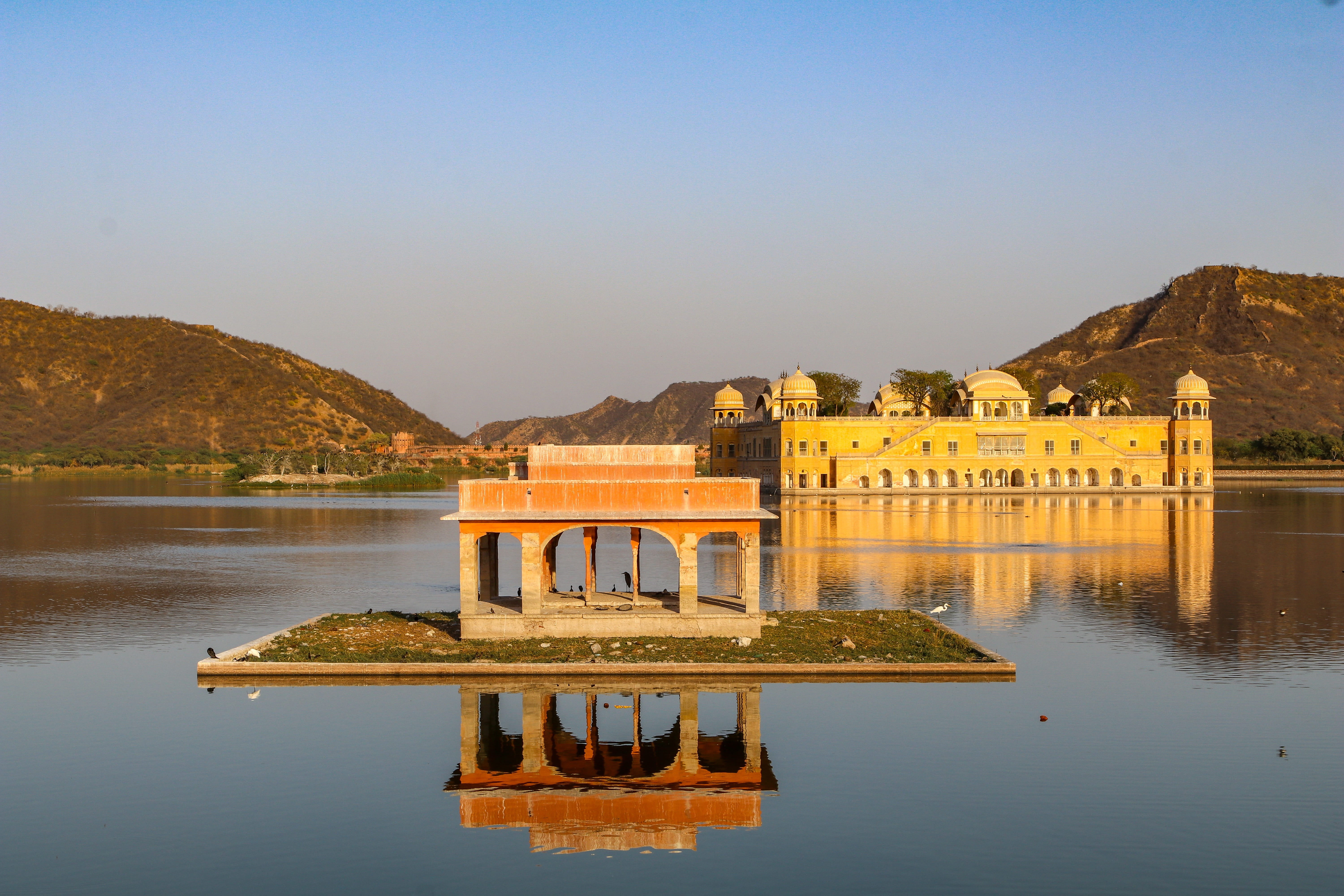 nature, history, day, travel destinations, sky, mood, jal mahal, travel, sunset, building, mirroring, the past, clear sky, mountain range, 5K, water, building exterior, HD Wallpaper