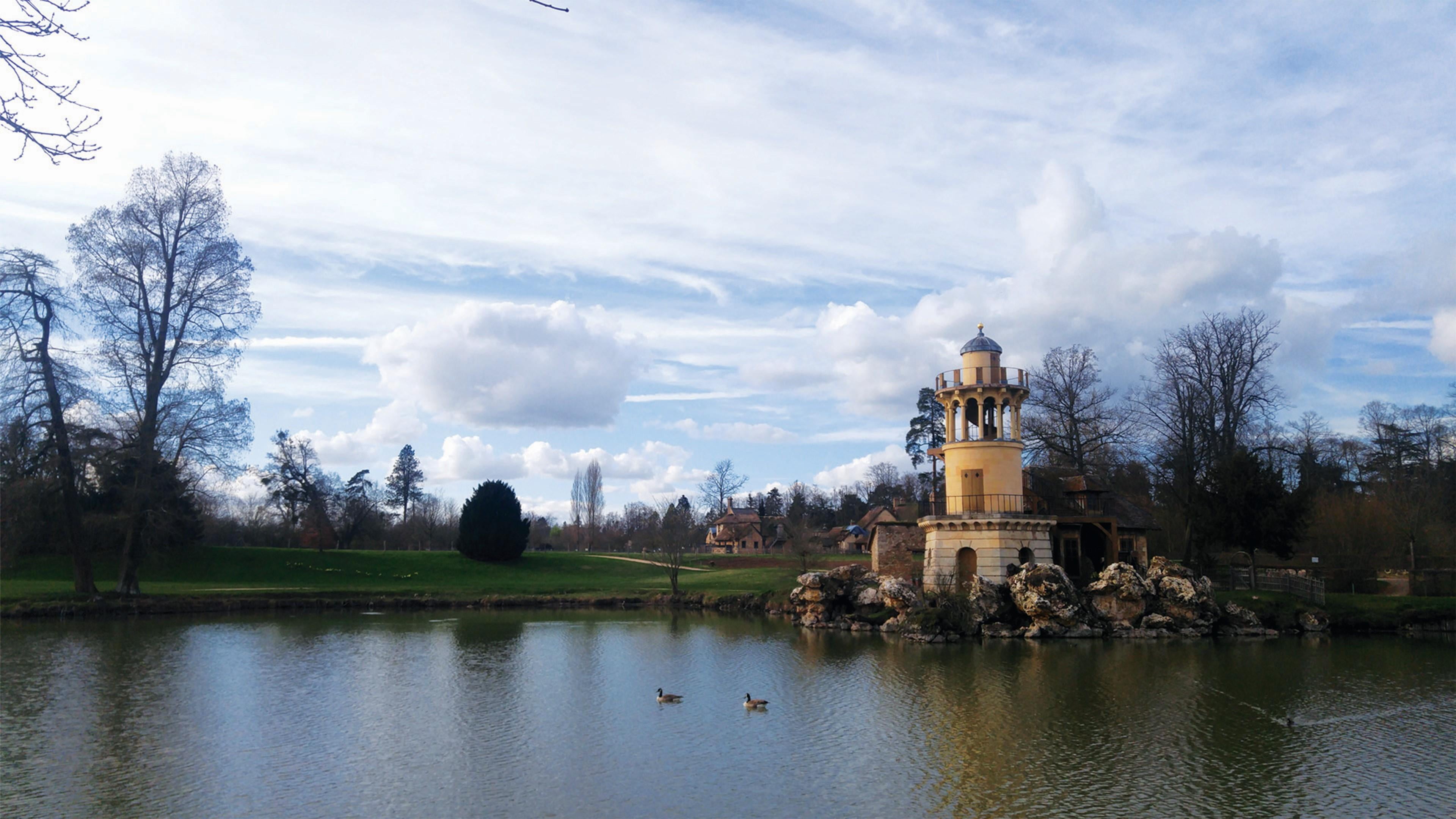reflection, pond, sky, palace, cloud, outdoors, building exterior, cloud - sky, plant, architecture, tree, religion, park, lake, building, 4K, france, HD Wallpaper