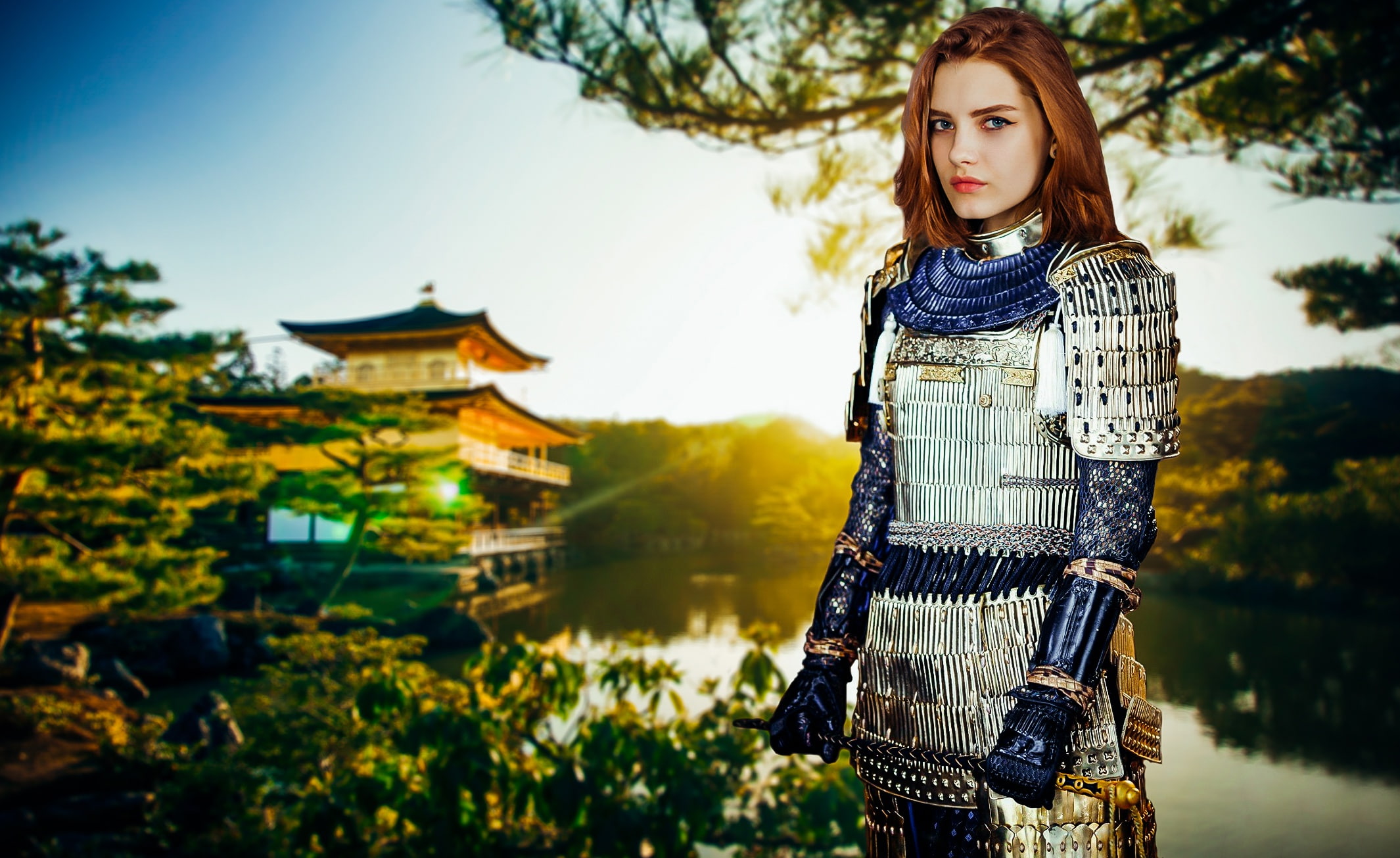 palace, river, mood, portrait, epic, fashion, young, 1080P, pretty, model, fantasy, summer, sun, outdoors, sight, wind, warrior, warm, look, trees, cute, HD Wallpaper