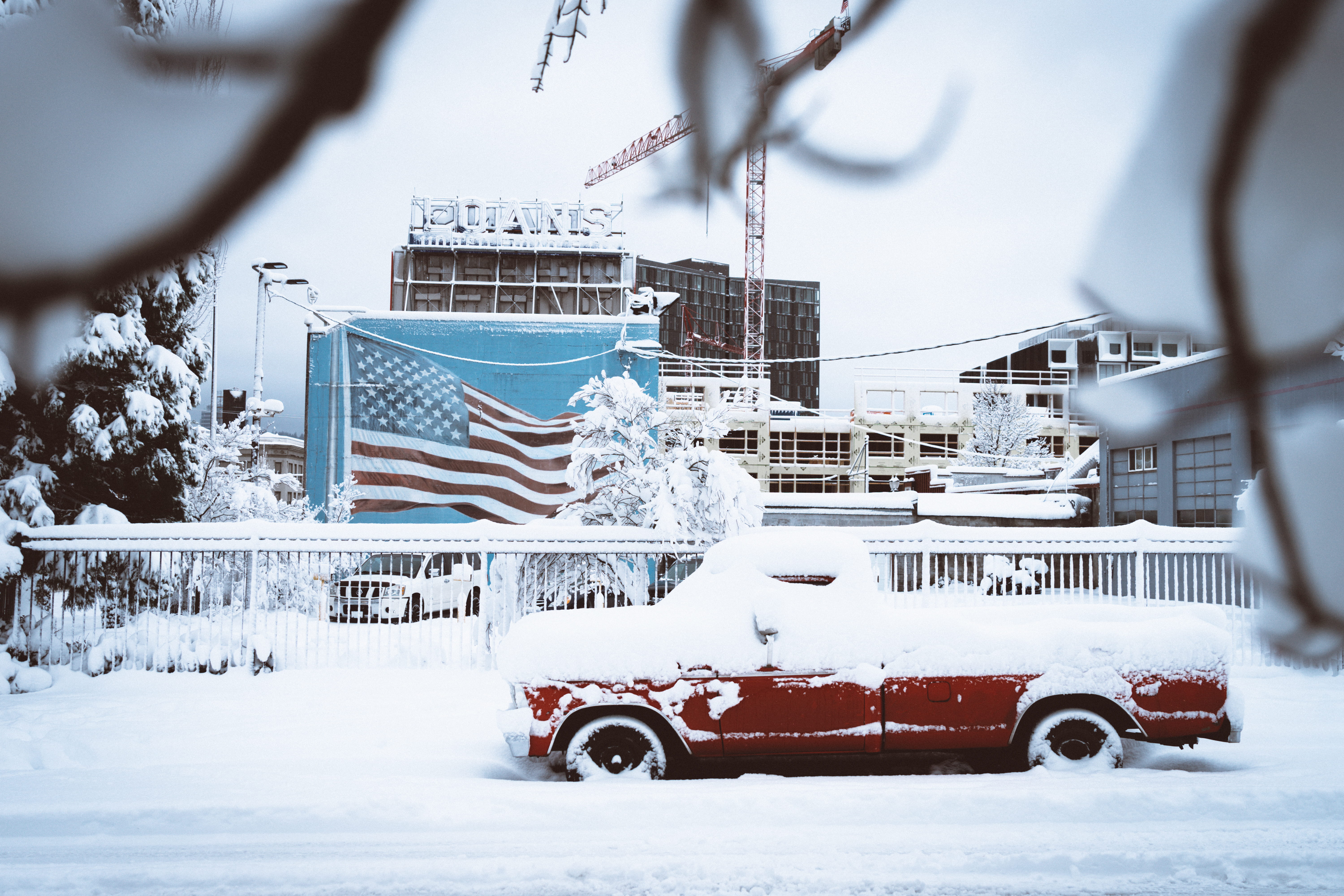 snowing, snowy, frozen, single, flag, motor vehicle, building, white, near, railings, urban, cold temperature, day, crane, branch, 5K, car, built structure, HD Wallpaper