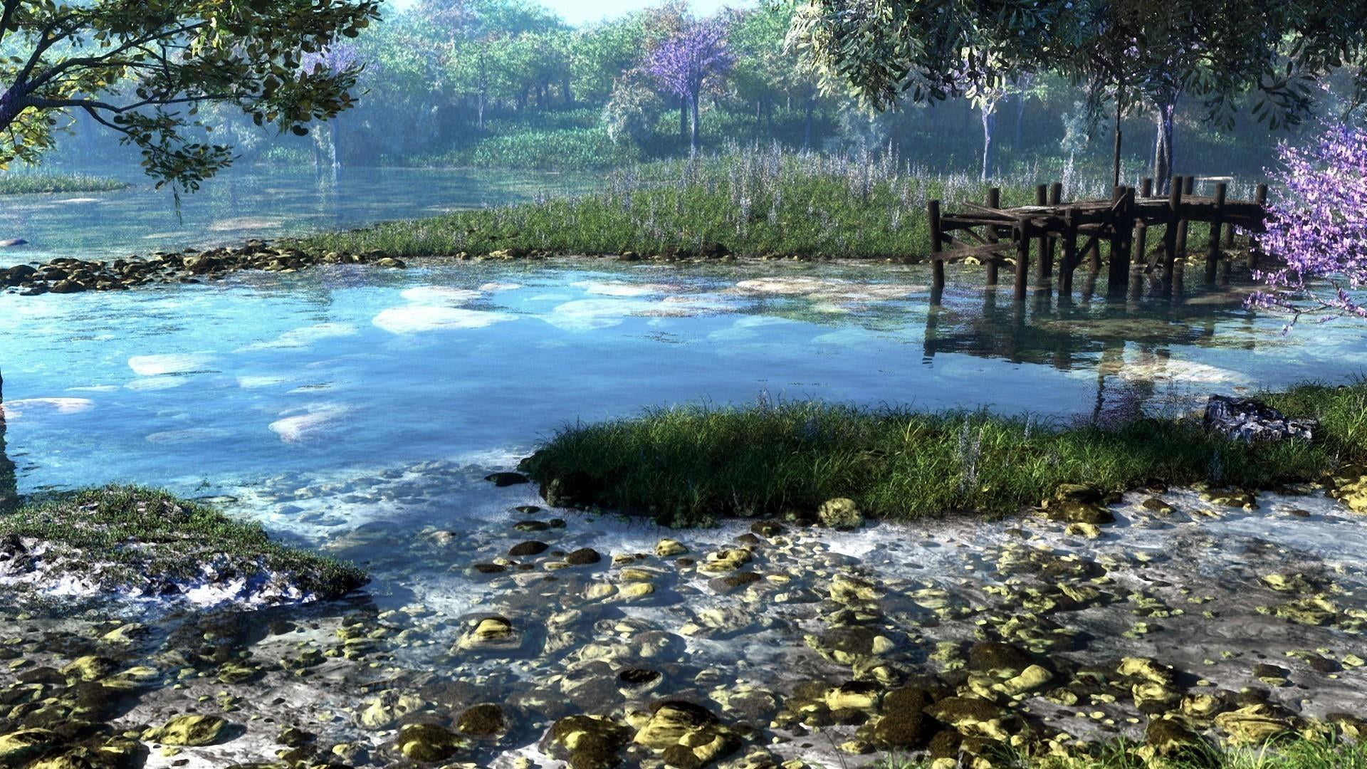 river, 1080P, tranquility, stones, rock, growth, bank, trees, scenics - nature, nature, meandering, streem, beauty in nature, pier, plant, tranquil scene, HD Wallpaper