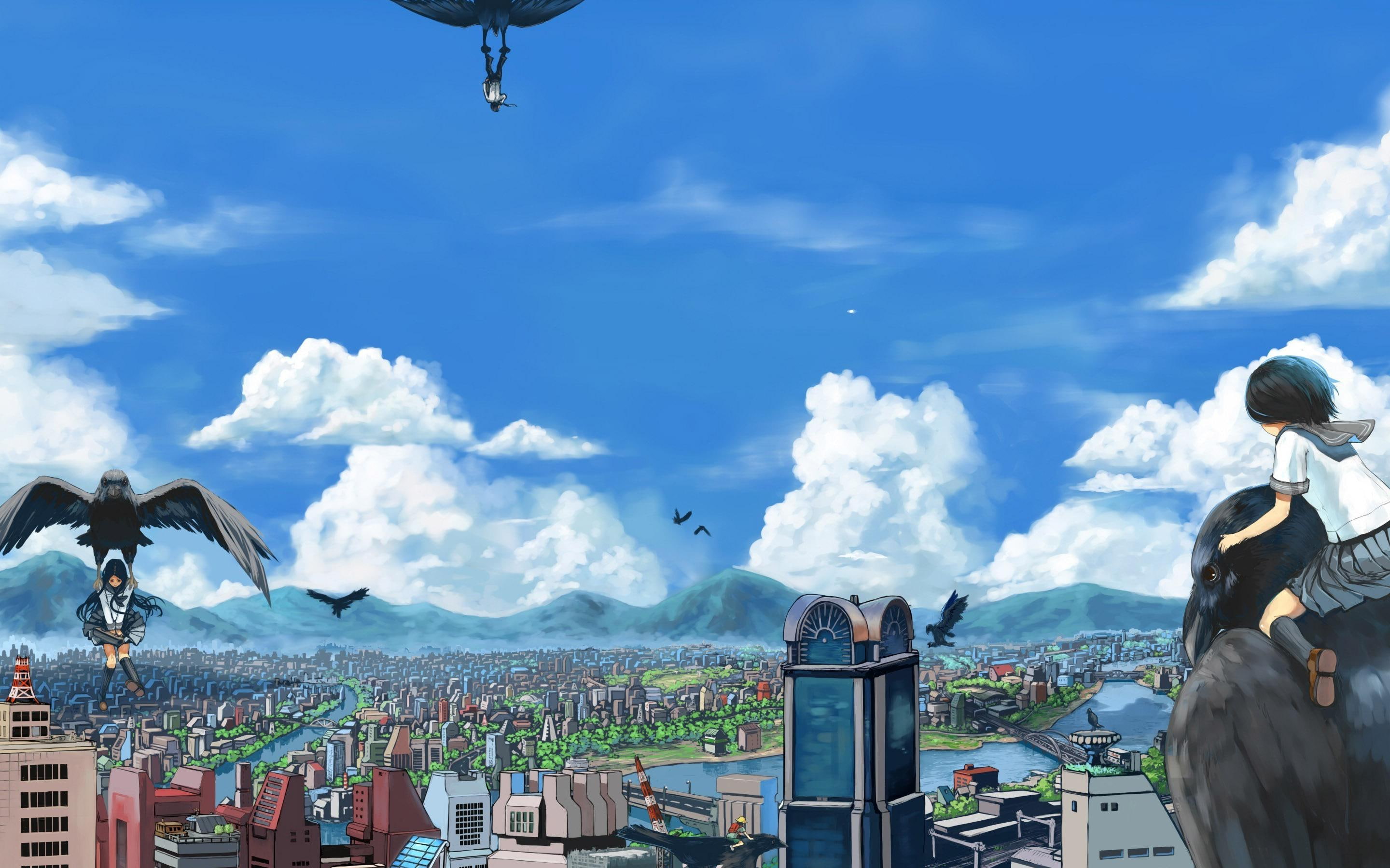 poster, city, anime, bird, 2880x1800, 2K, traveling, crow, people, birds, HD Wallpaper