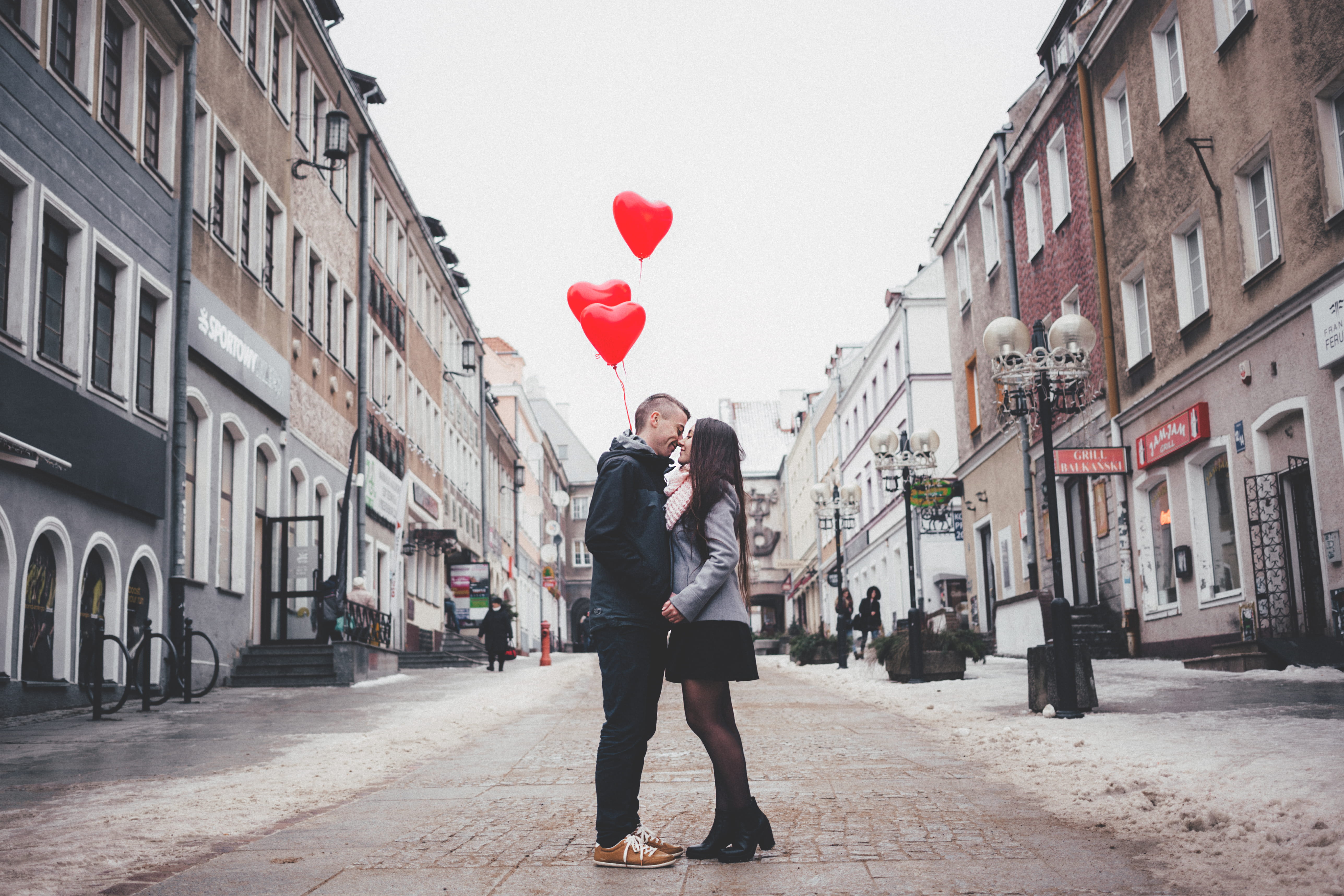 city, men, red, walking, emotion, architecture, valentine, kissing, road, street, young men, valentines day - holiday, lovers, 5K, enjoyment, building exterior, HD Wallpaper