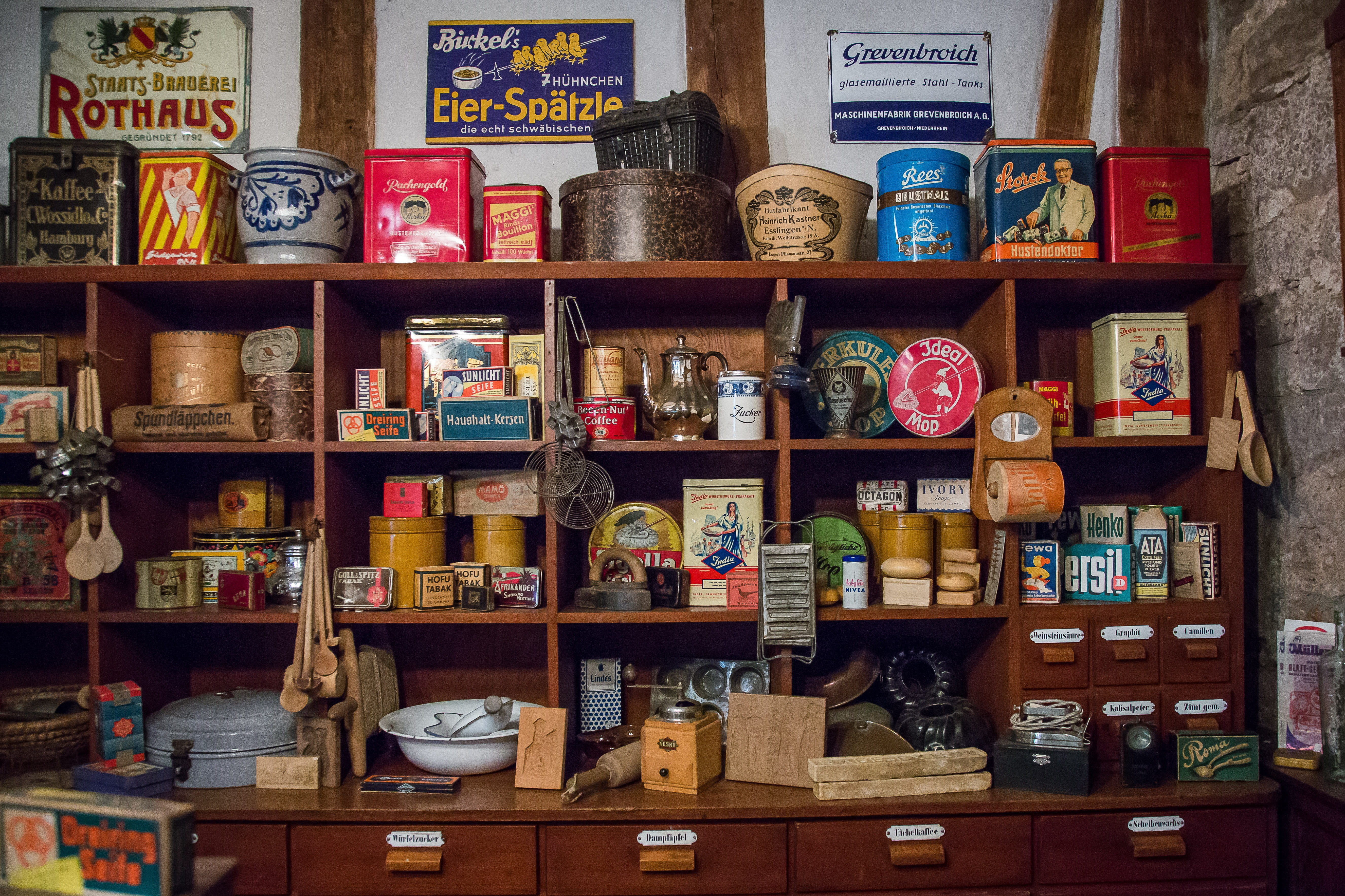 cabinet, supermarket, retail display, shelf, wooden, travel, business, arrangement, market, still life, container, multi colored, collection, no people, HD Wallpaper