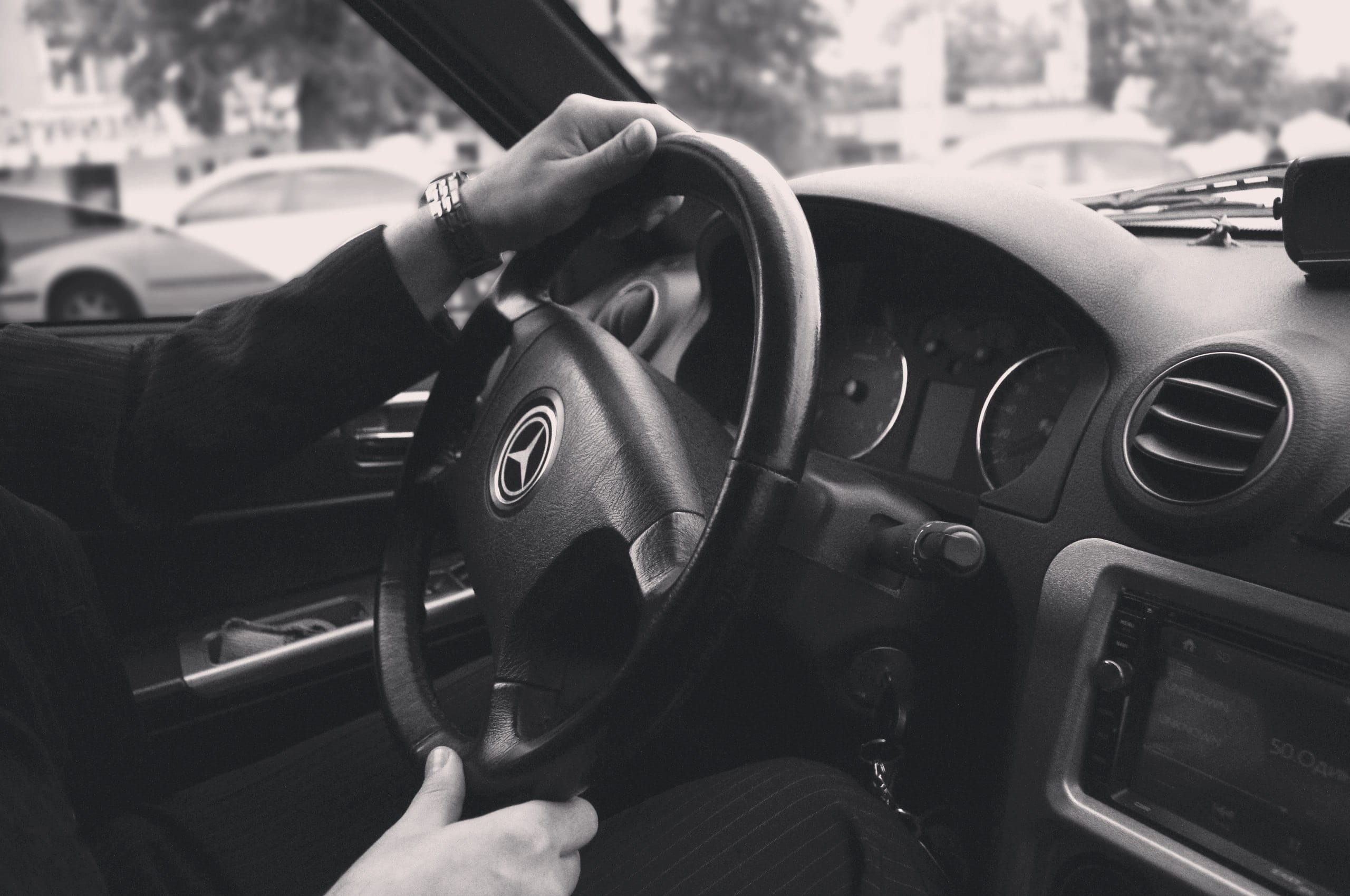 black and white, automotive, speed, photography, race, businessman, window, transportation, Mercedes-Benz, man, style, indoors, unique, control, vehicle, HD Wallpaper