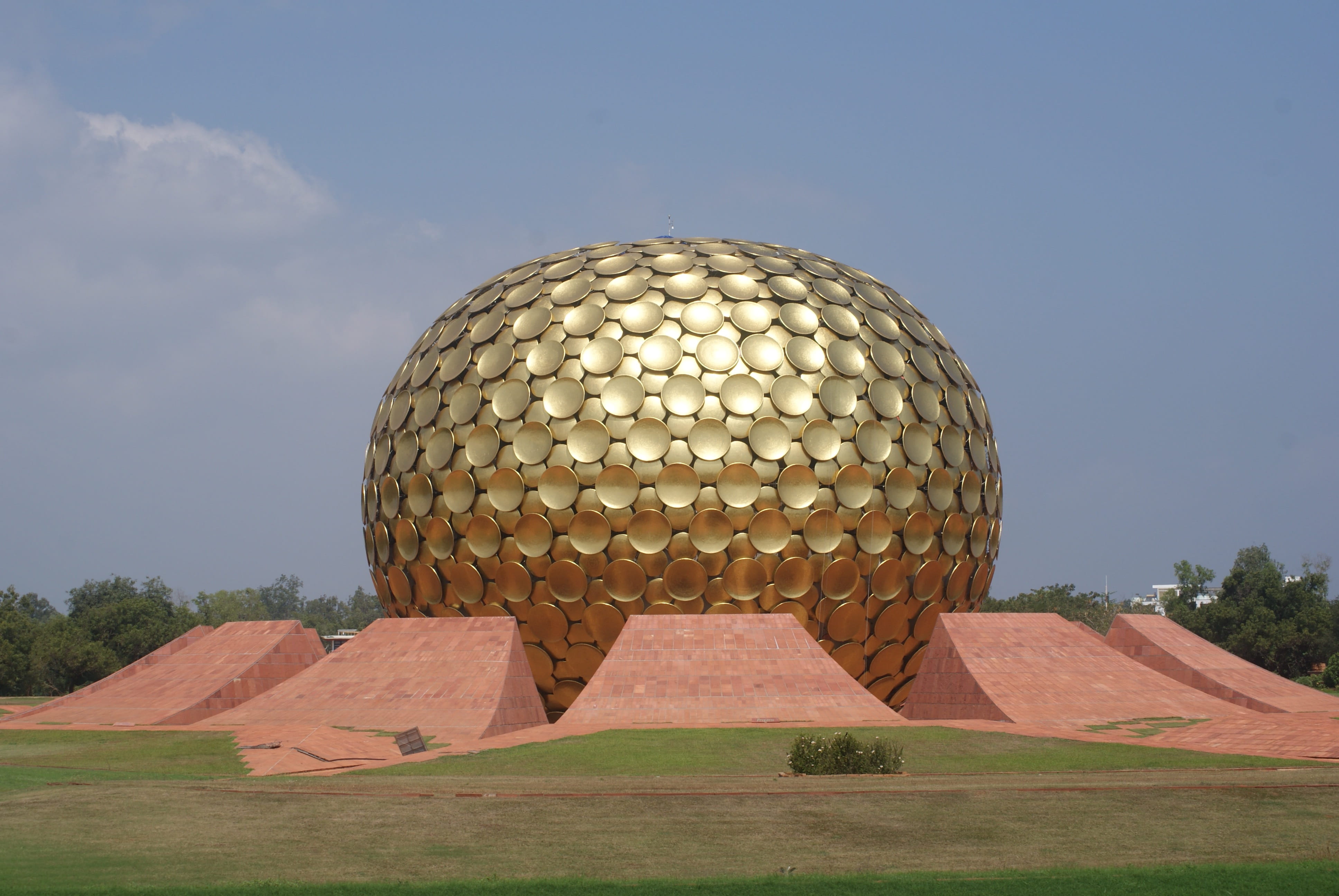 Pondicherry, india, sunlight, clear sky, meditation, golden, history, outdoors, day, travel, nature, art and craft, grass, sky, Auroville, Globe, Golden, HD Wallpaper