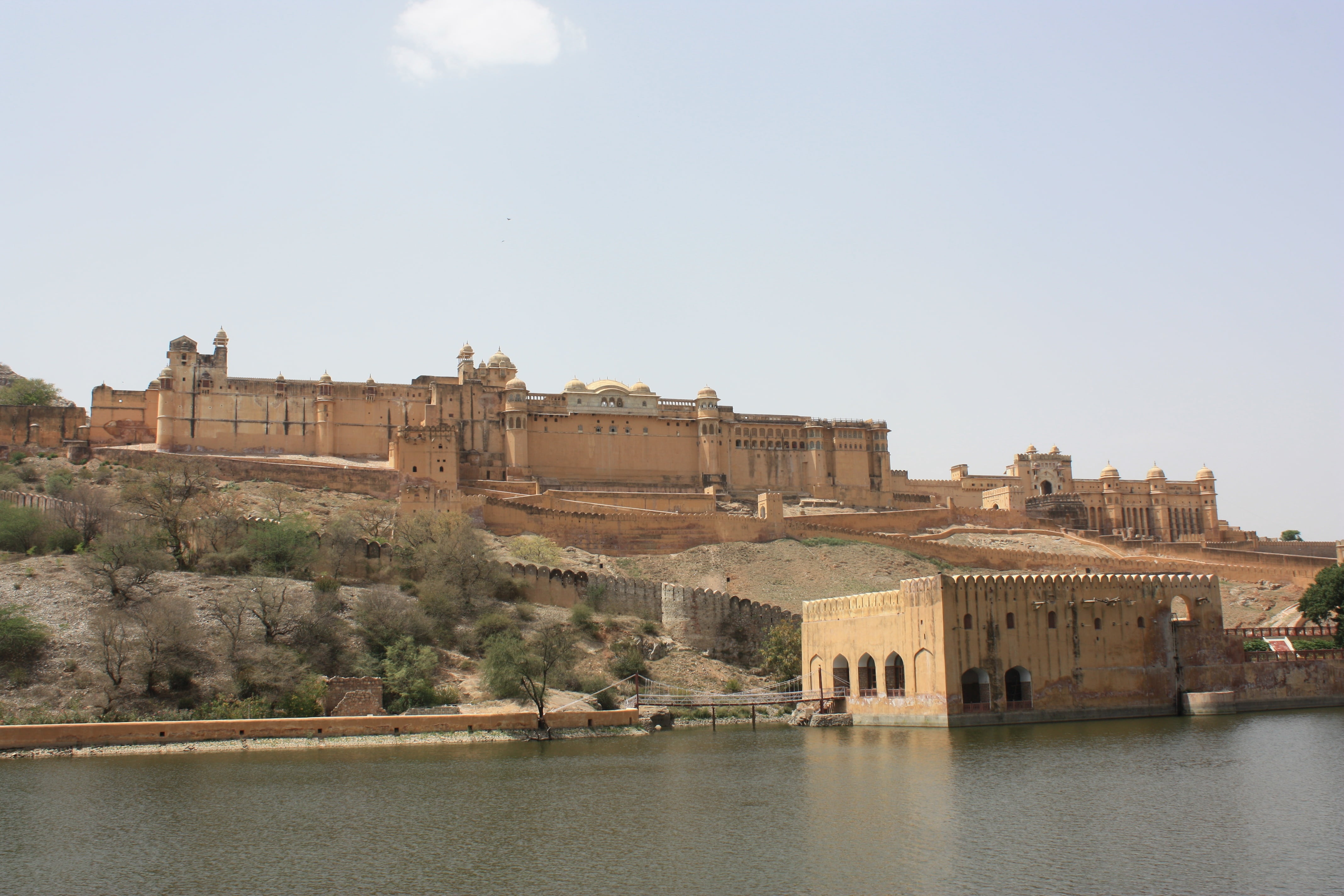 fort, travel destinations, clear sky, day, water, building exterior, plant, tourism, tree, sky, amber, travel, 4K, rajasthan, built structure, no people, HD Wallpaper