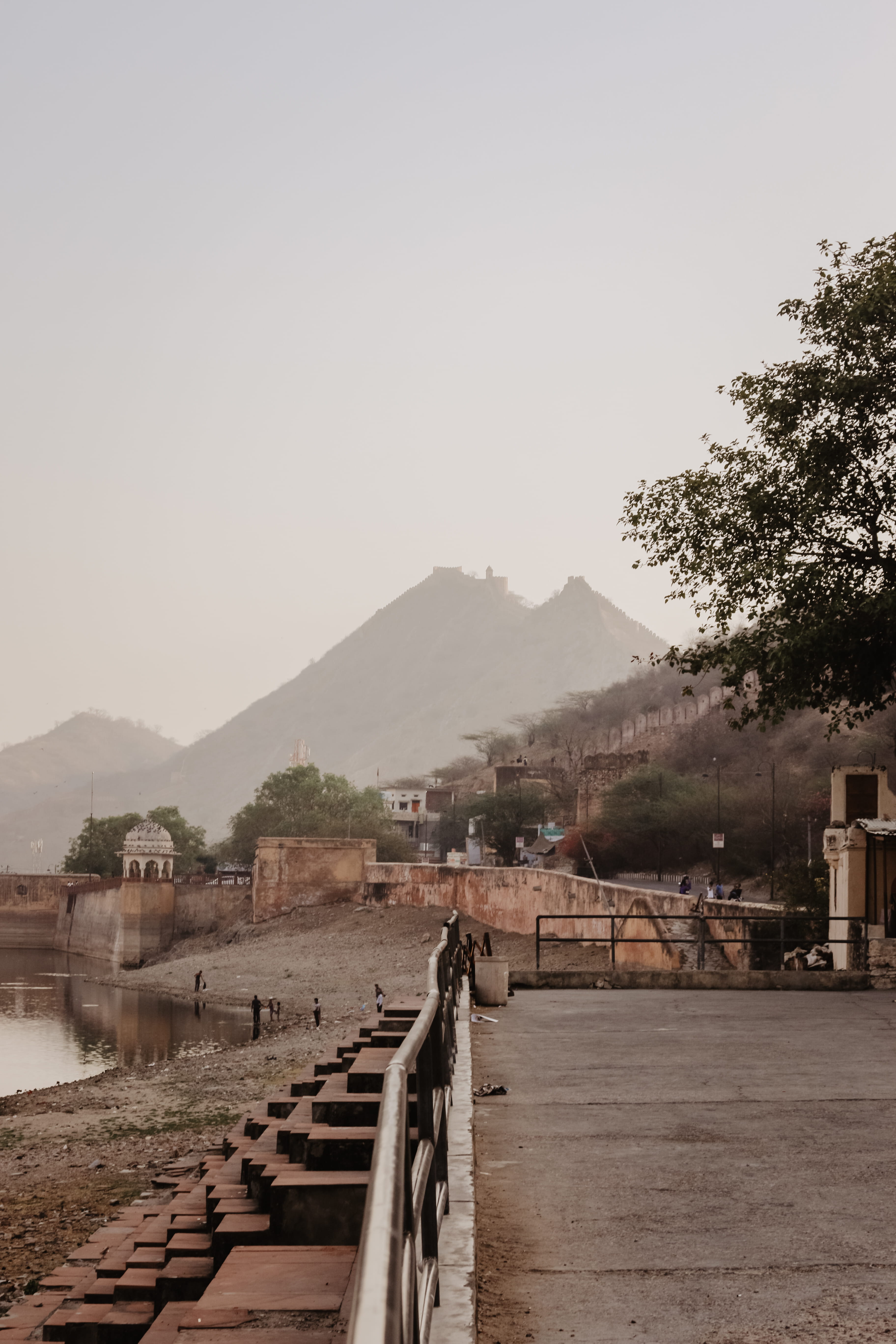 building exterior, morning, direction, sky, scenics - nature, copy space, footpath, 5K, jaipur, tree, day, outdoors, built structure, water, india, amber fort, Phone HD Wallpaper