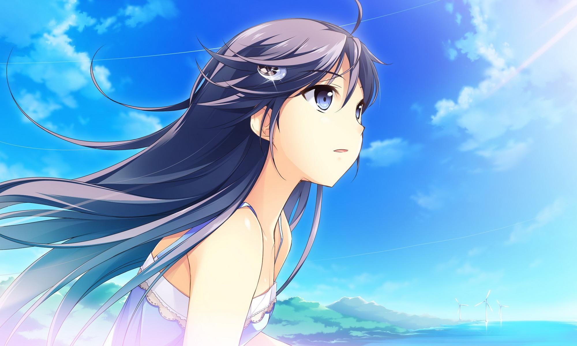 violet-hair, breeze, anime, gentle, long-hair, blue-eyes, nice, beach, amp, pretty-girl, sunny, 1080P, girl, blue-sky, day, HD Wallpaper
