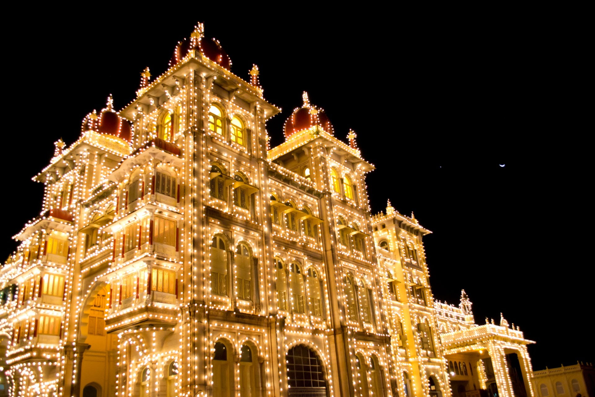 glowing, decoration, nature, no people, ornate, Illumination, low angle view, illuminated, built structure, Night, Mysore Palace, Palaces, 1080P, history, HD Wallpaper