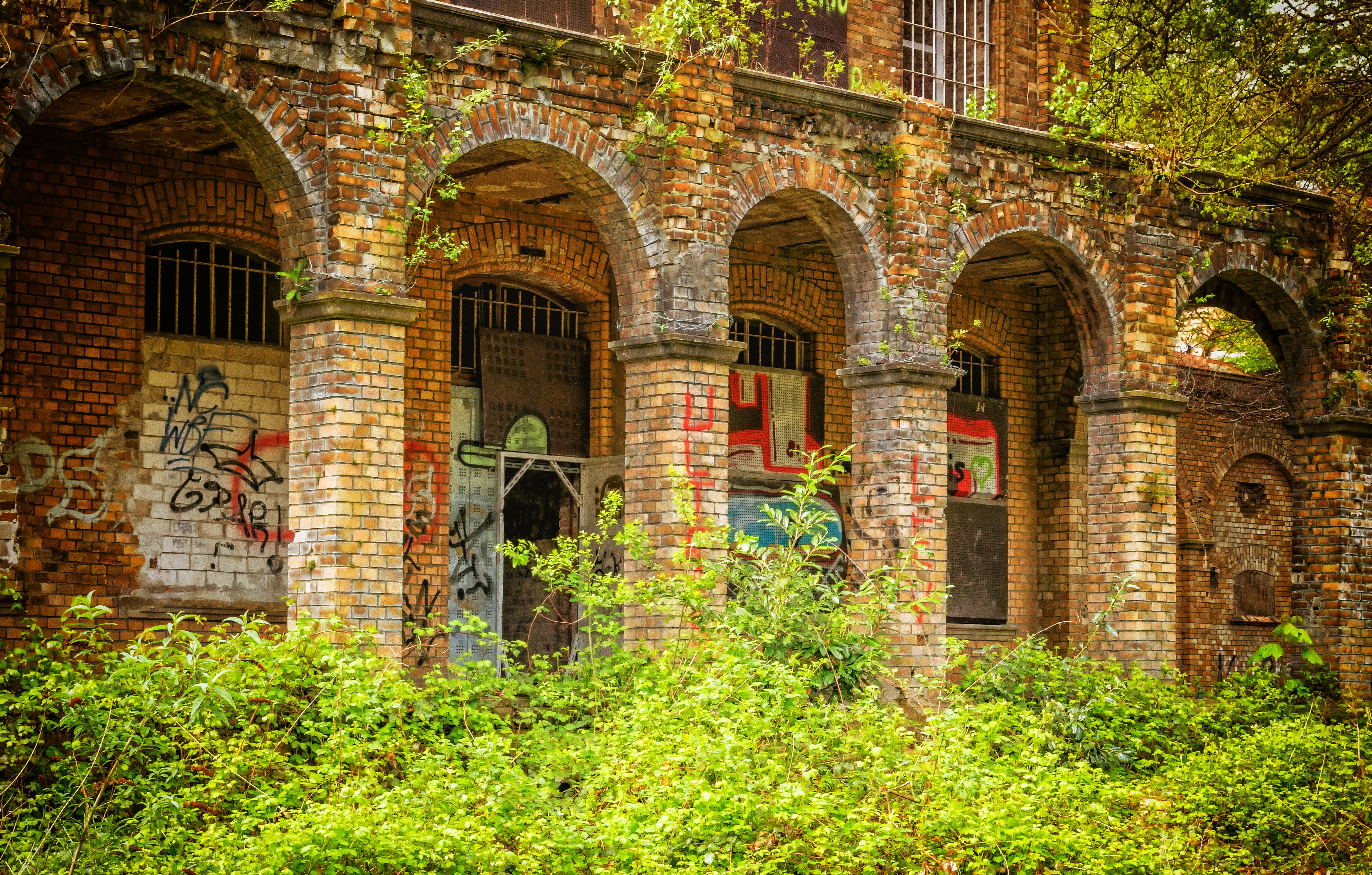 destroyed, brick, masonry, dilapidated, red, weathered, leaf, arched, stone wall, nature, growth, leave, history, built structure, travel destinations, HD Wallpaper