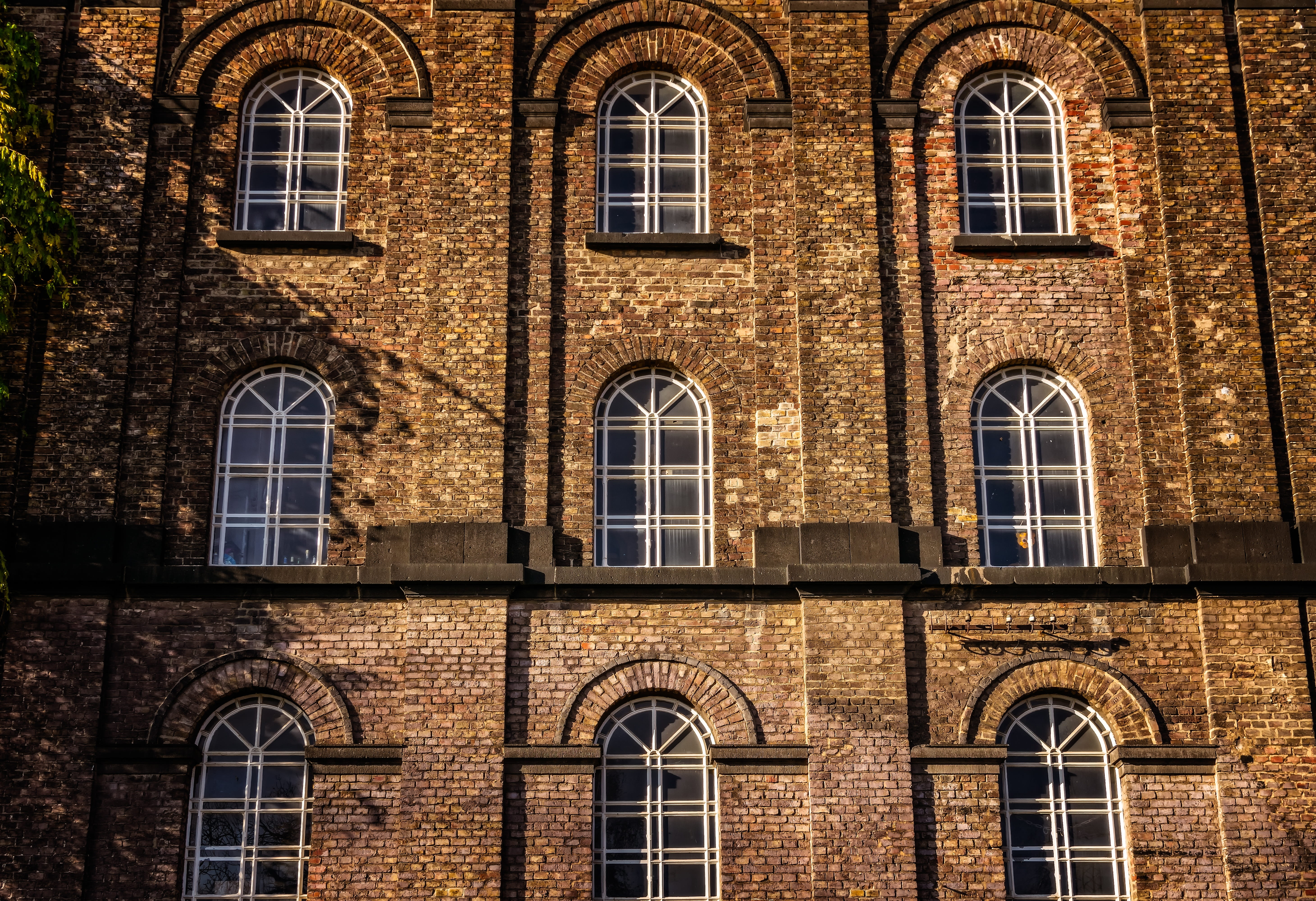 5K, side by side, atmosphere, day, factory, building, architecture, mood, outdoors, abandoned places, pattern, building exterior, brick wall, built structure, HD Wallpaper