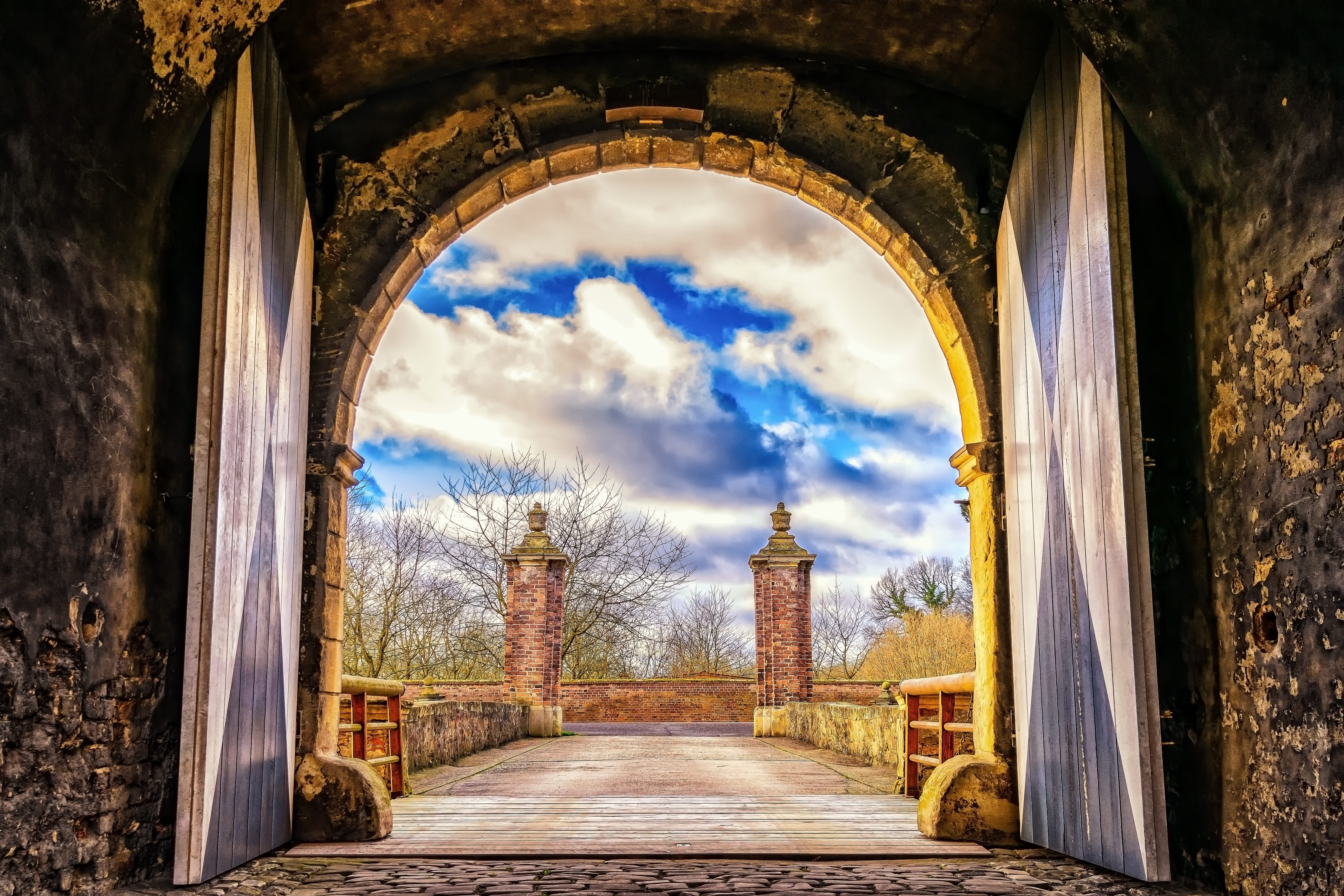 travel destinations, castle west angle, architecture, archway, belief, building, forward, 5K, sky, built structure, architectural column, clouds, castle, HD Wallpaper