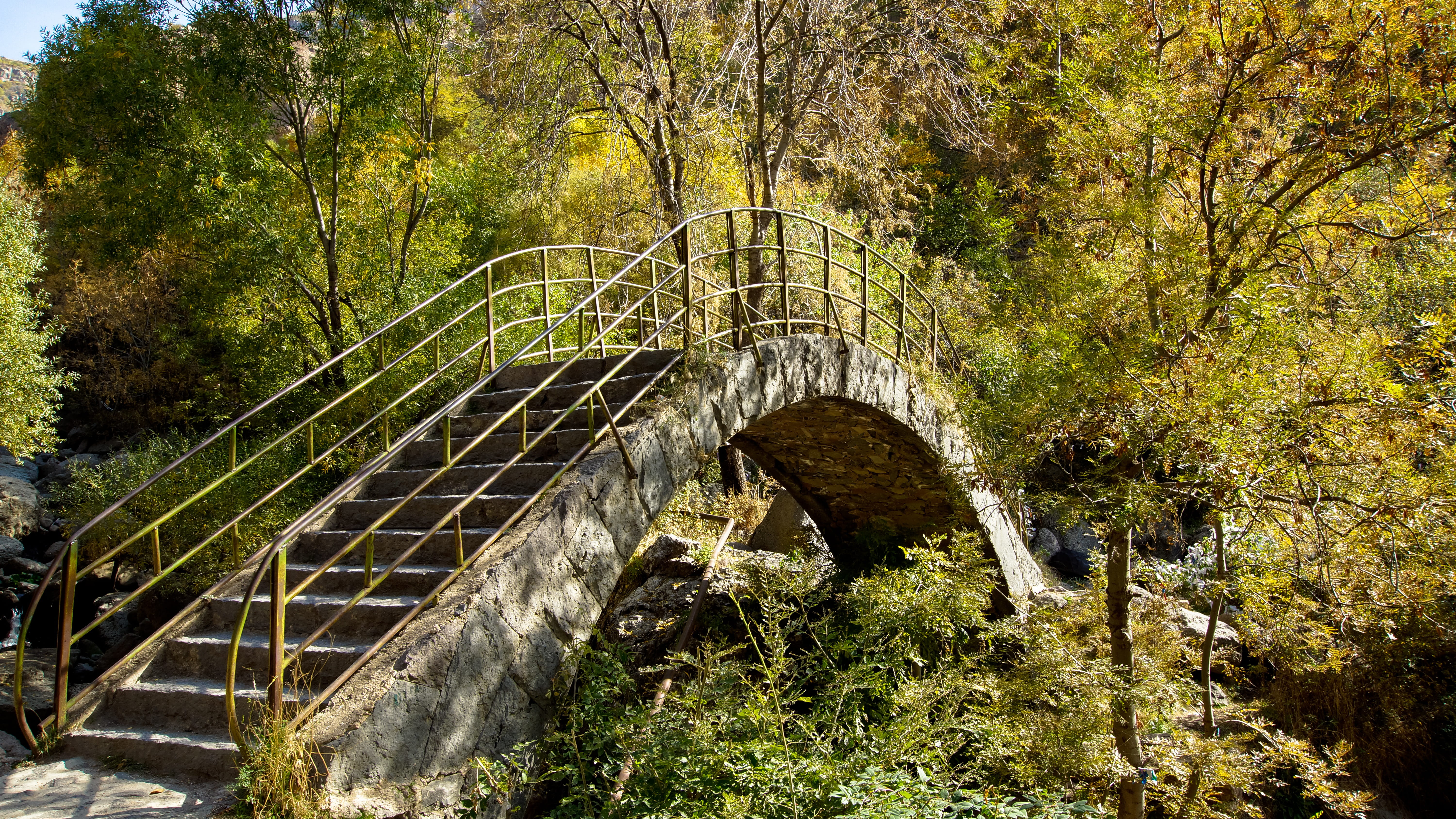crossing, Metal, water, rock, forest, day, plant, outdoors, Stone, river, 5K, railing, stone, sunlight, flowing water, footbridge, arch bridge, Round, HD Wallpaper