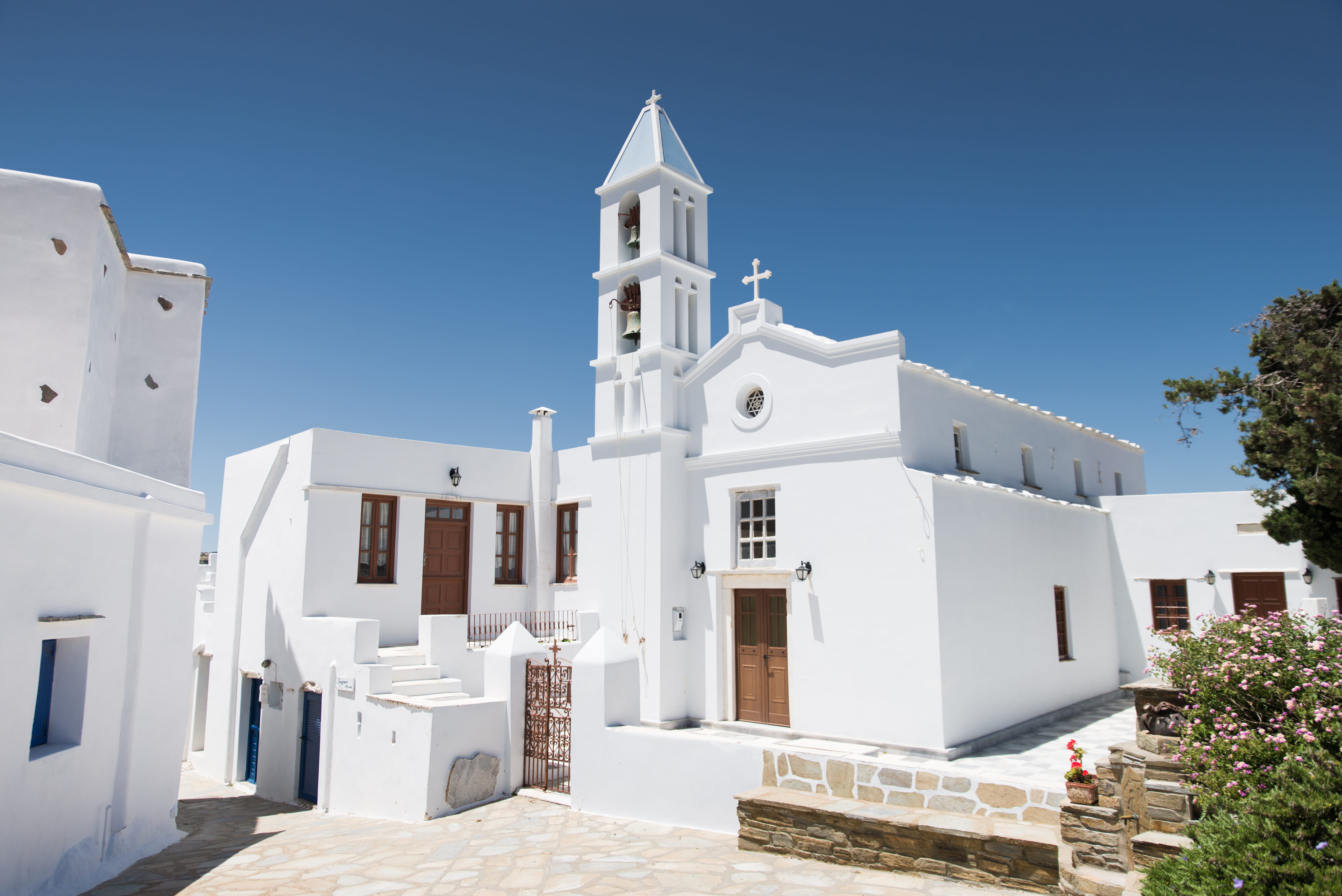 church, spirituality, tino, door, white color, 5K, built structure, nature, religion, blue, white, sunlight, building exterior, beside, greece, concrete, HD Wallpaper