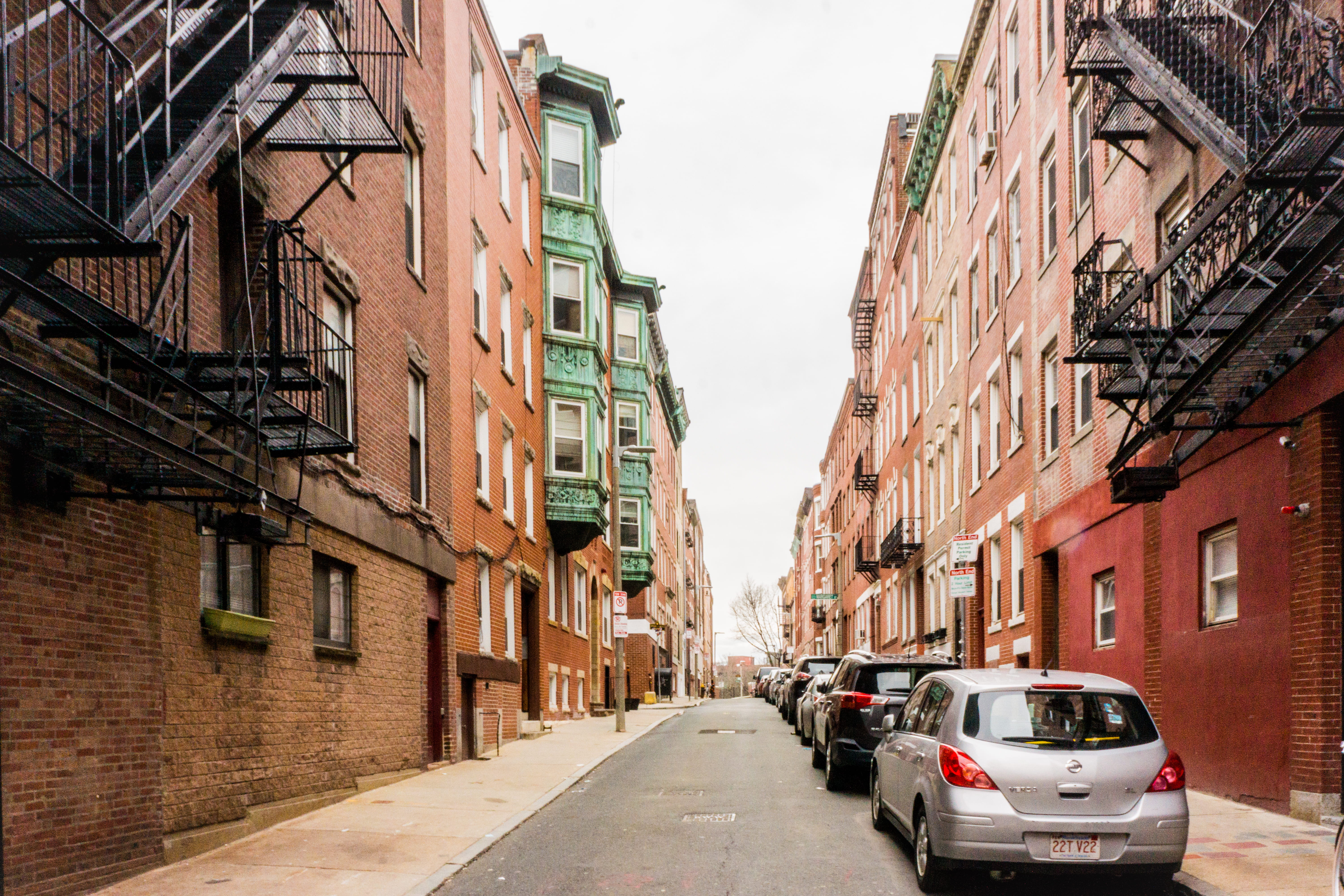 cityscape, parked, sky, parking, road, buildings fire escape, desolate, car, direction, stationary, building exterior, fire escape, the way forward, city, HD Wallpaper