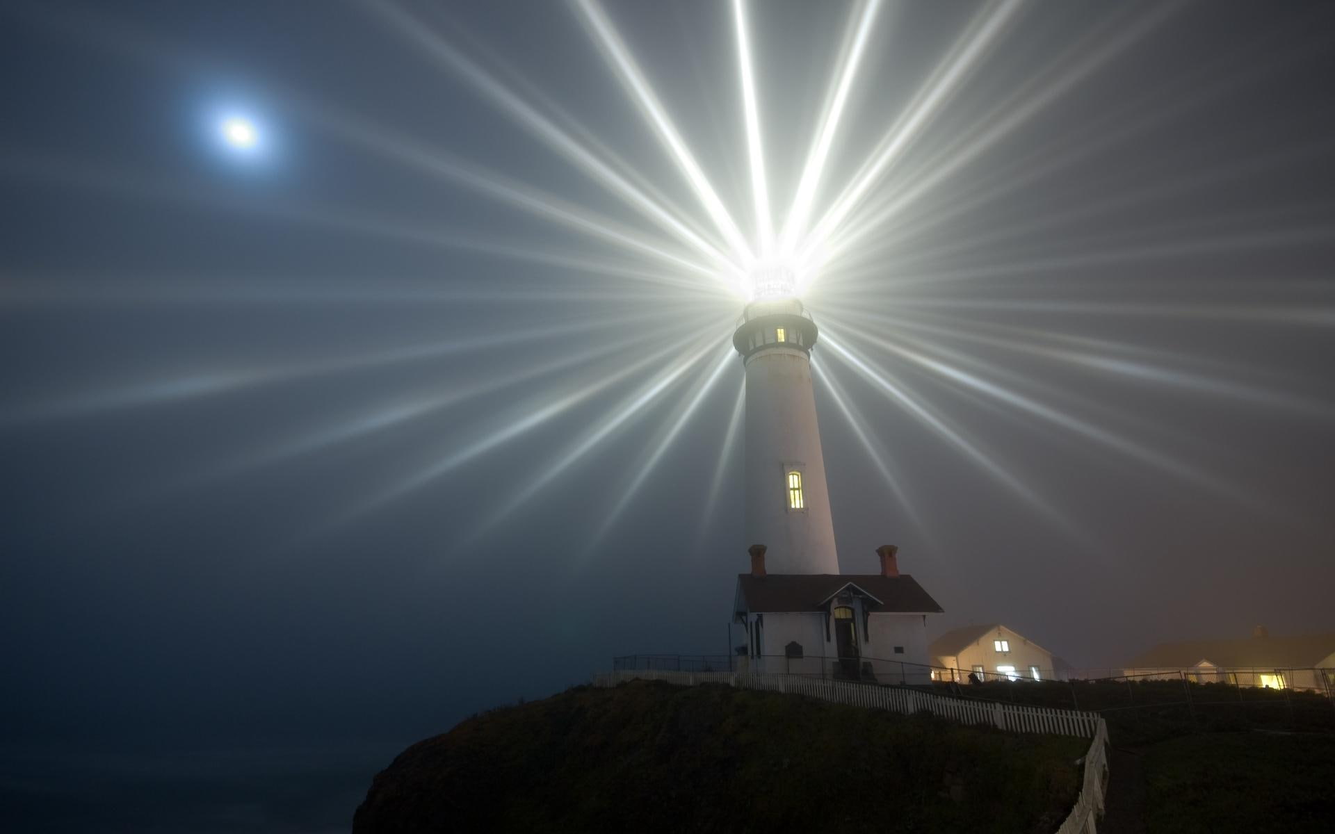 light, watch, ocean, water, animals, manmade, lighthouse, architecture, 1080P, tower, white, rays, HD Wallpaper