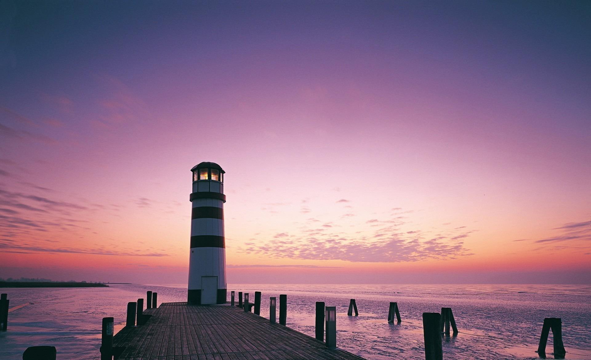sunset, 1080P, black, structure, pretty, water, manmade, lighthouse, ocean, pink, beach, photography, dusk, white, HD Wallpaper