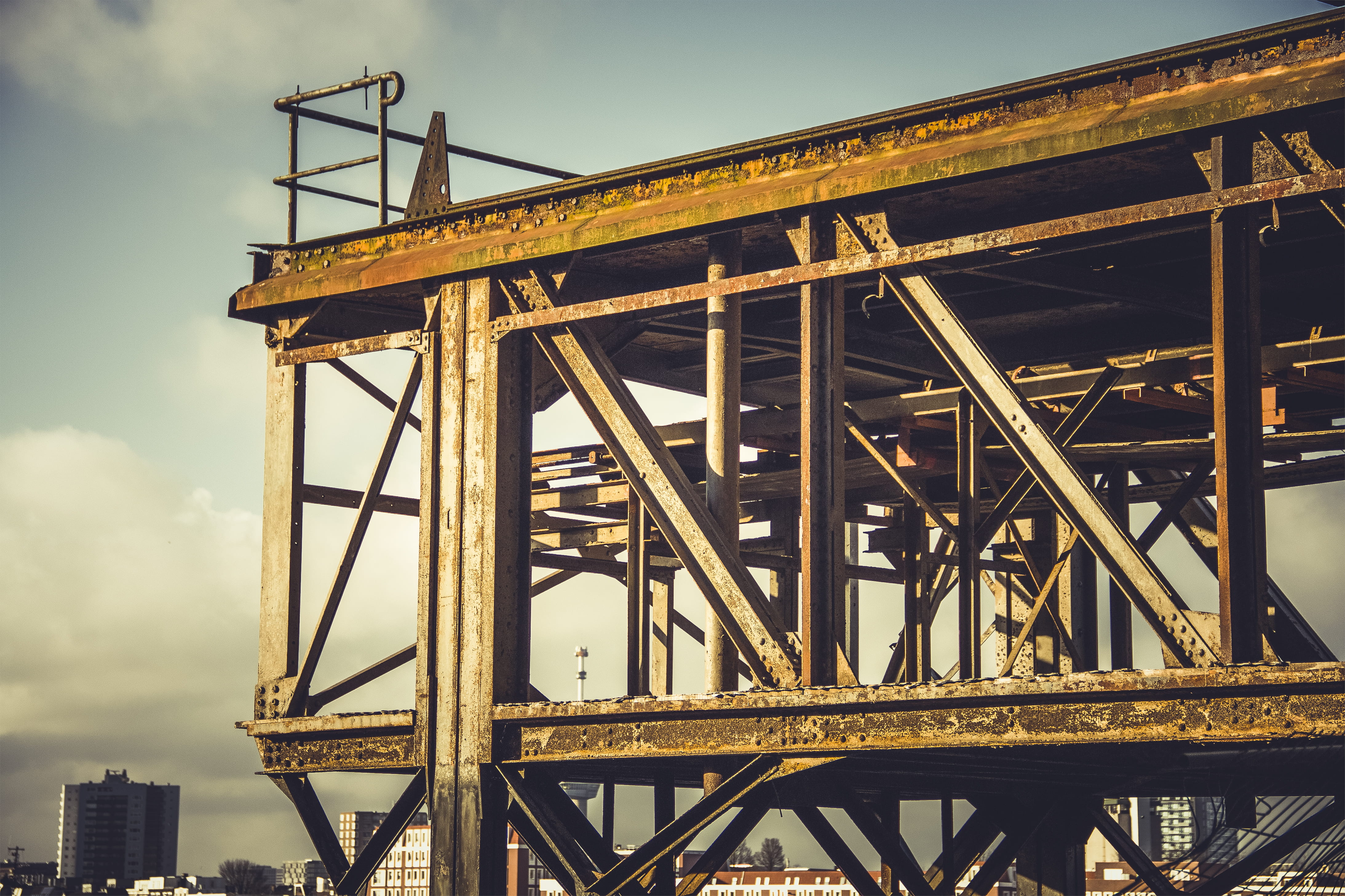 decay, dock, sunlight, industry, bridge, port, nature, transportation, 4K, netherlands, city, pier, beams, erosion, ocean, girder, iron, alloy, railway bridge, HD Wallpaper