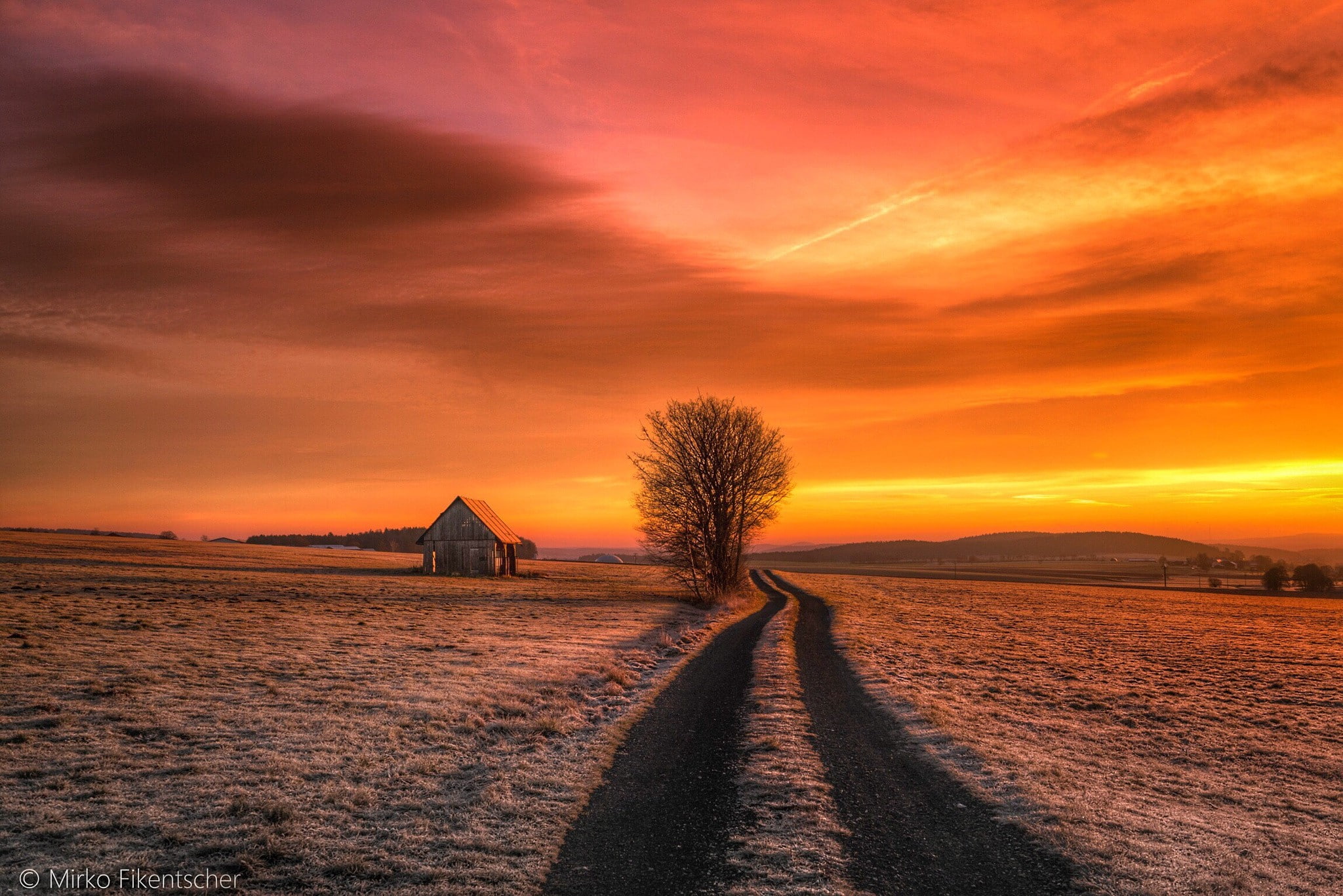 rural scene, sunset, outdoors, tranquil scene, 1080P, environment, sky, romantic sky, no people, architecture, tranquility, diminishing perspective, scenics - nature, HD Wallpaper