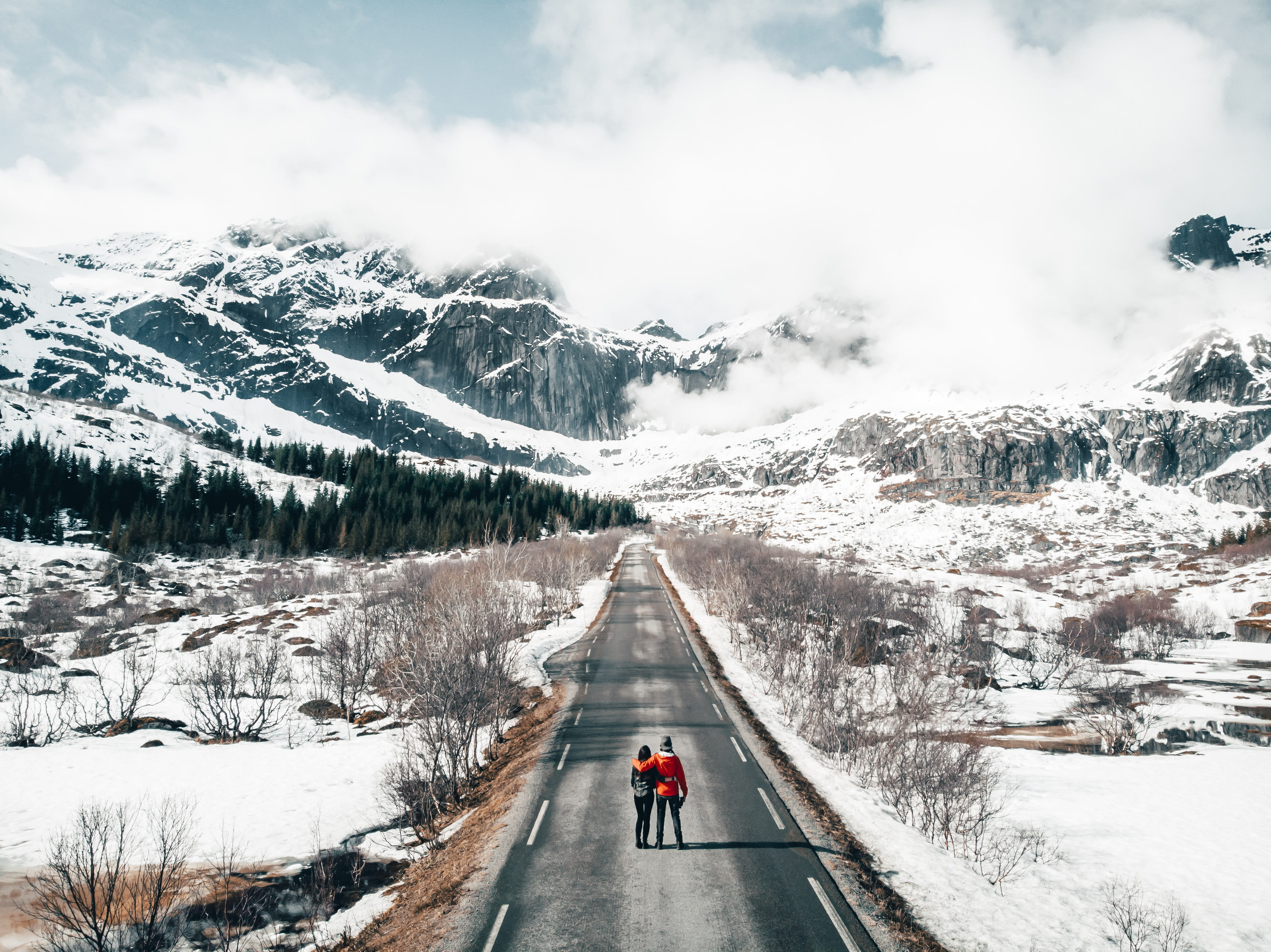 dji, rear view, travelling, roadtrip, leisure activity, cold temperature, beauty in nature, scenics - nature, winter, road, gray, top, two, day, norway, HD Wallpaper