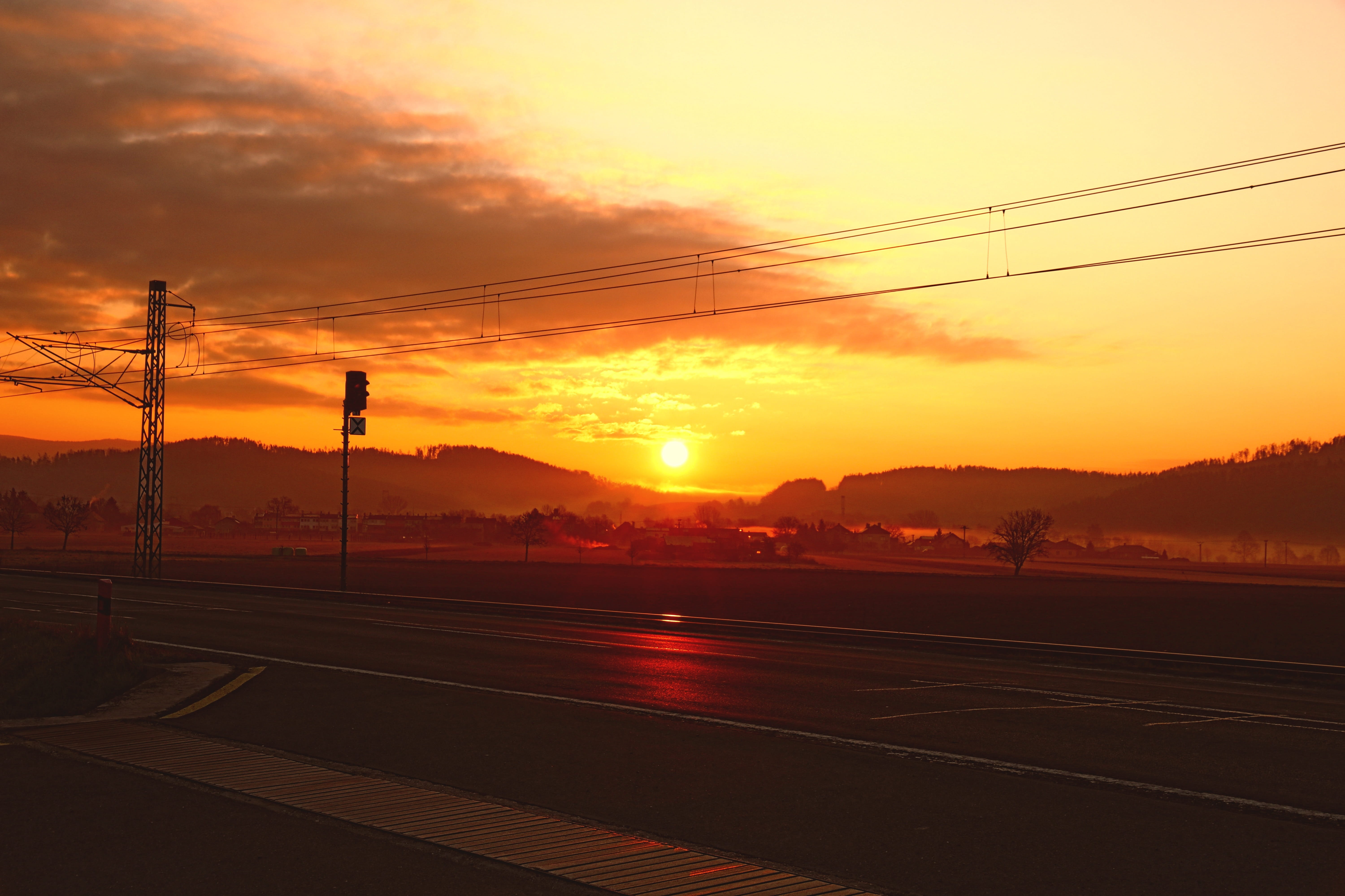 track, power supply, sunlight, electricity pylon, romantic sky, electricity, no people, sky, orange color, scenics - nature, cloud - sky, power line, road, HD Wallpaper