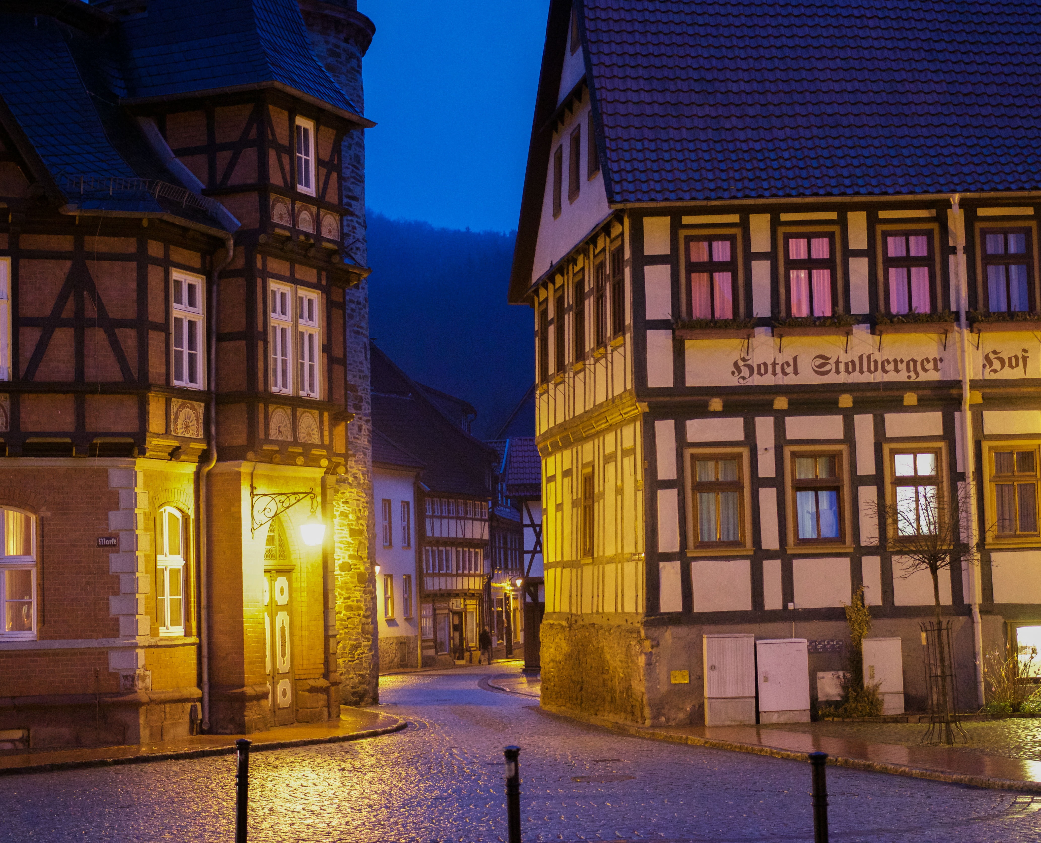 illuminated, old town hall, historically, building, dusk, 4K, sky, old town, truss, city view, romantic, built structure, resin, evening, germany, cobblestones, HD Wallpaper