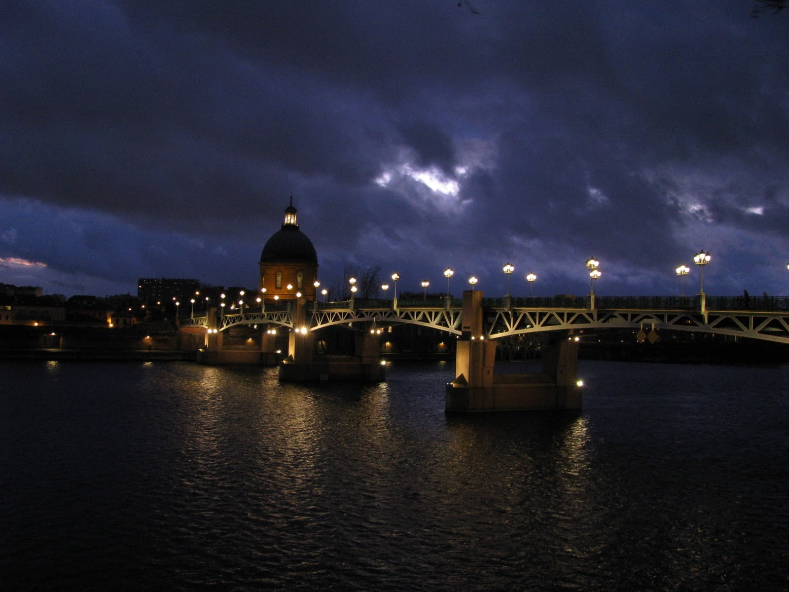transportation, Garonne, connection, nature, built structure, night, cloud - sky, Pont Saint-Pierre, river, illuminated, architecture, water, city, cityscape, HD Wallpaper