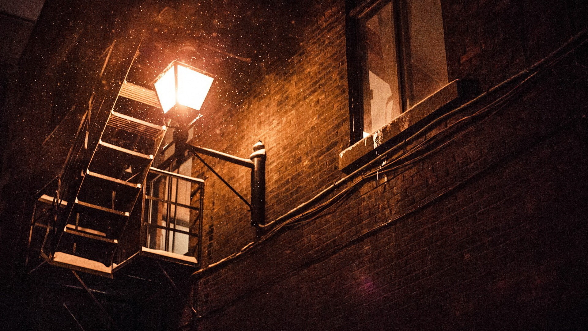 wood - material, no people, snow, street light, building exterior, railing, wall - building feature, night, building, spiral, lighting equipment, illuminated, HD Wallpaper