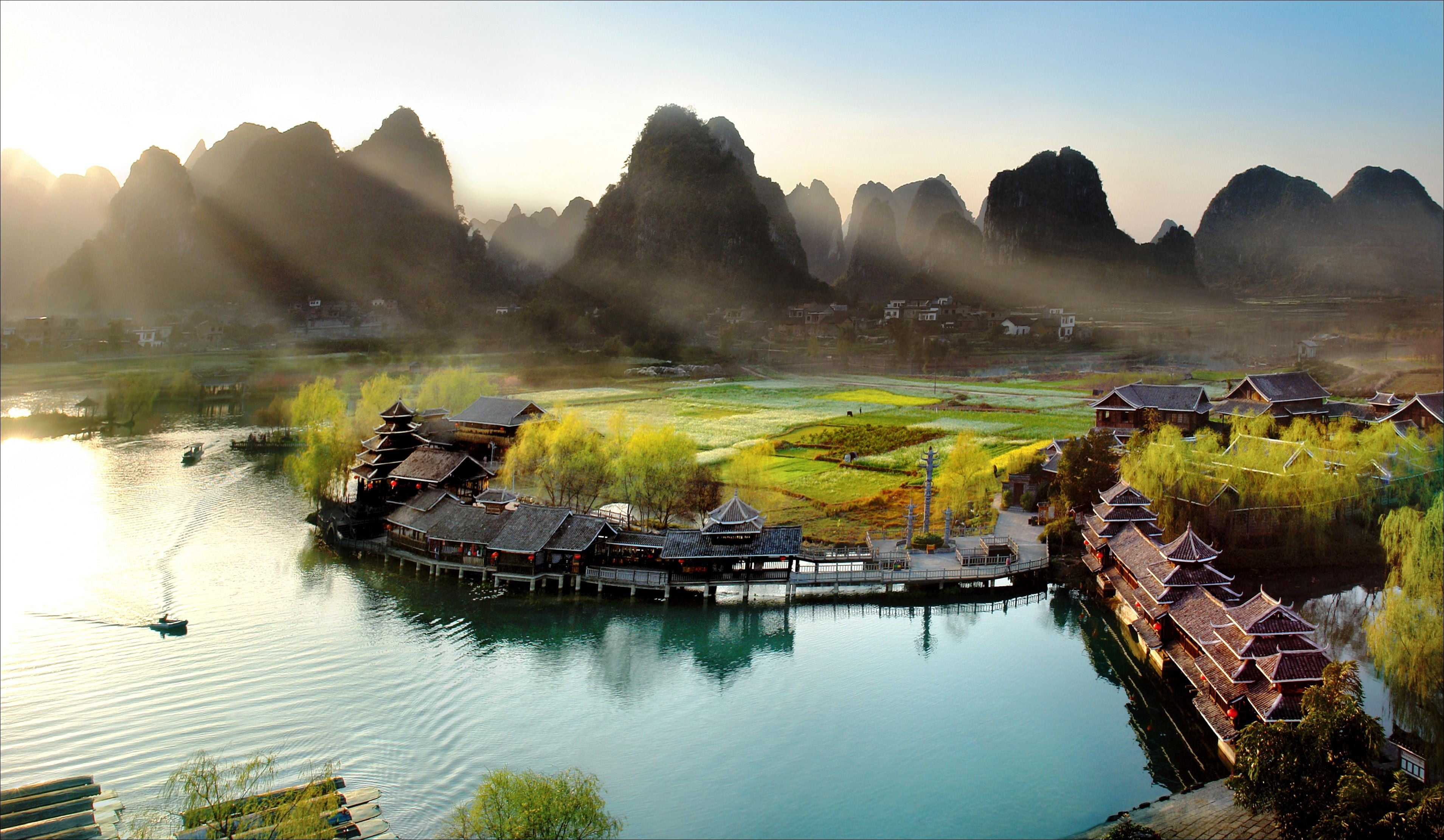 2K, beauty in nature, reflection, daytime, water, valley, tranquility, architecture, mountains, plant, houses, tree, sunlight, nature, near, sky, landscape, HD Wallpaper